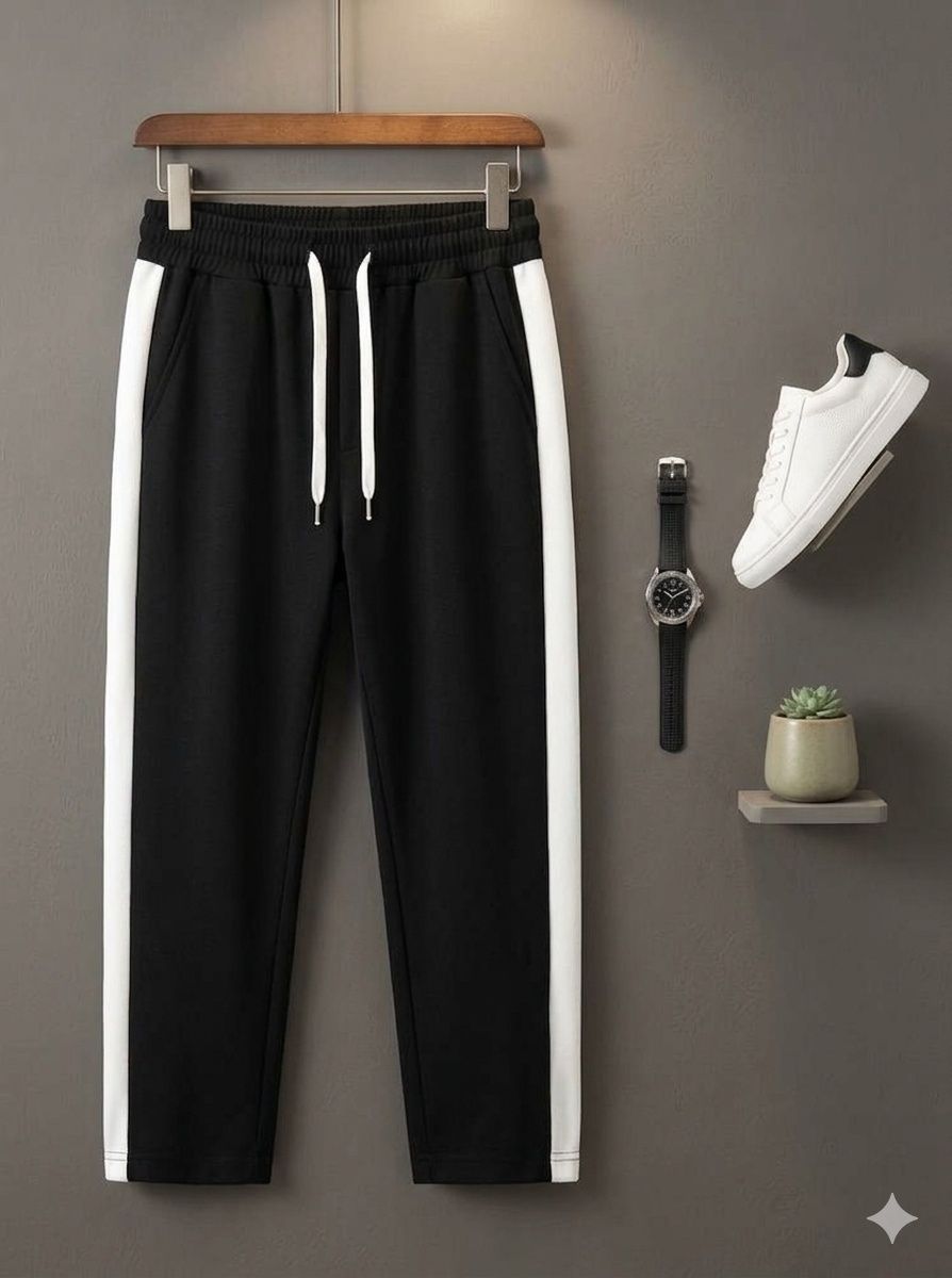 fly wind Men Solid, Striped Black Track Pants-picture-4