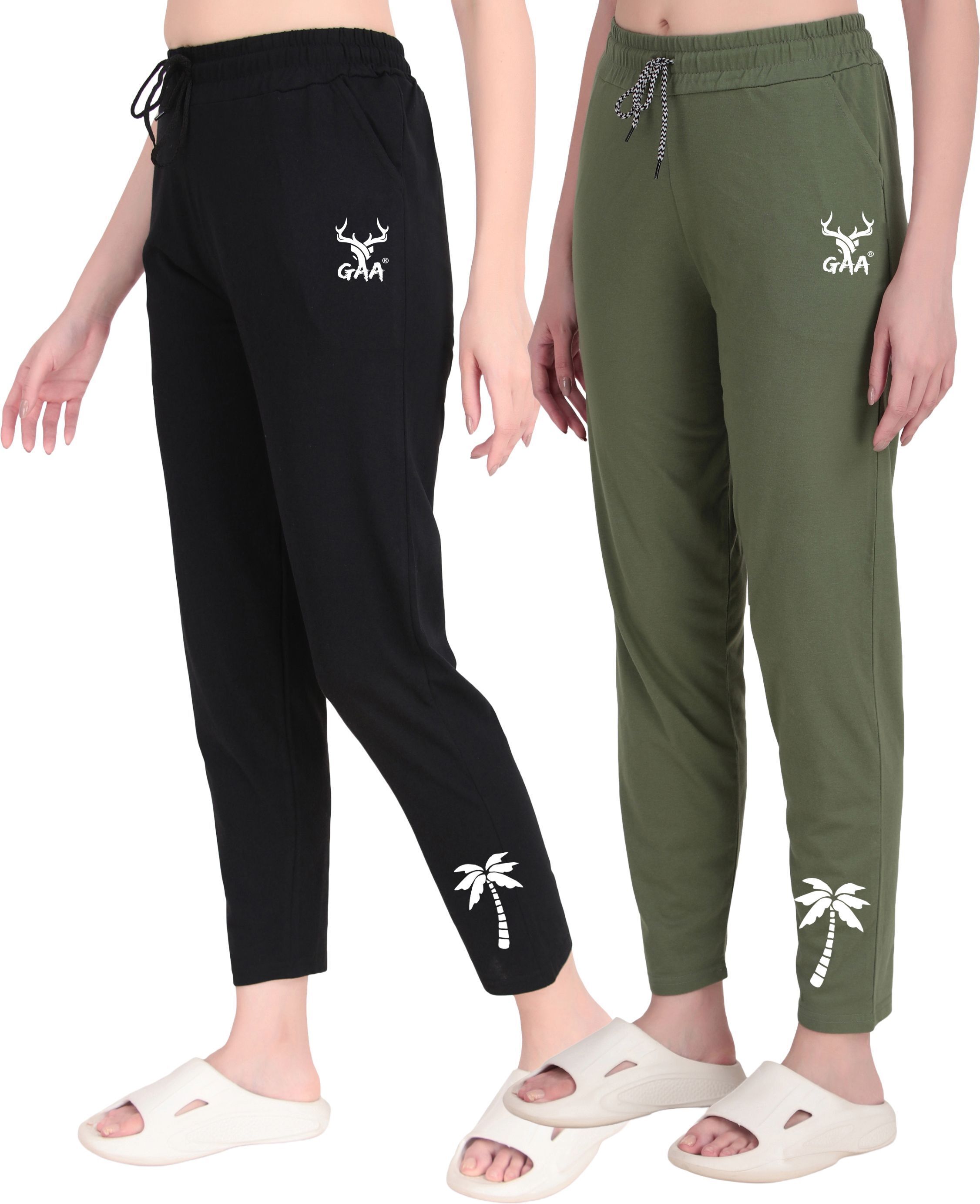 gaa Pack of 2 Women Solid Black, Light Green Track Pants-picture-23