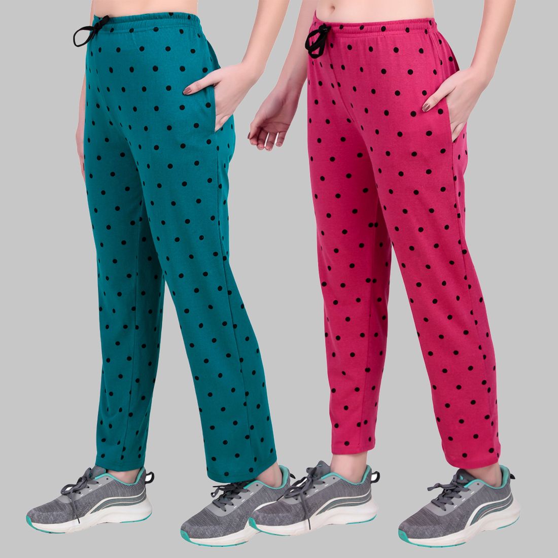 Pack of 2 Women Polka Print Pink, Green Track Pants-image-40