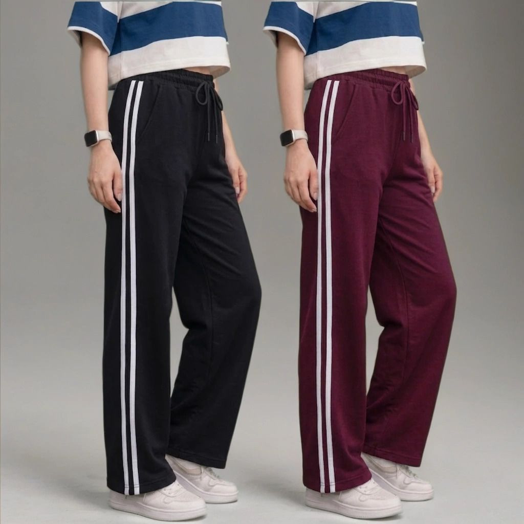 amfabrics Pack of 2 Women Striped Black, Maroon Track Pants-picture-39
