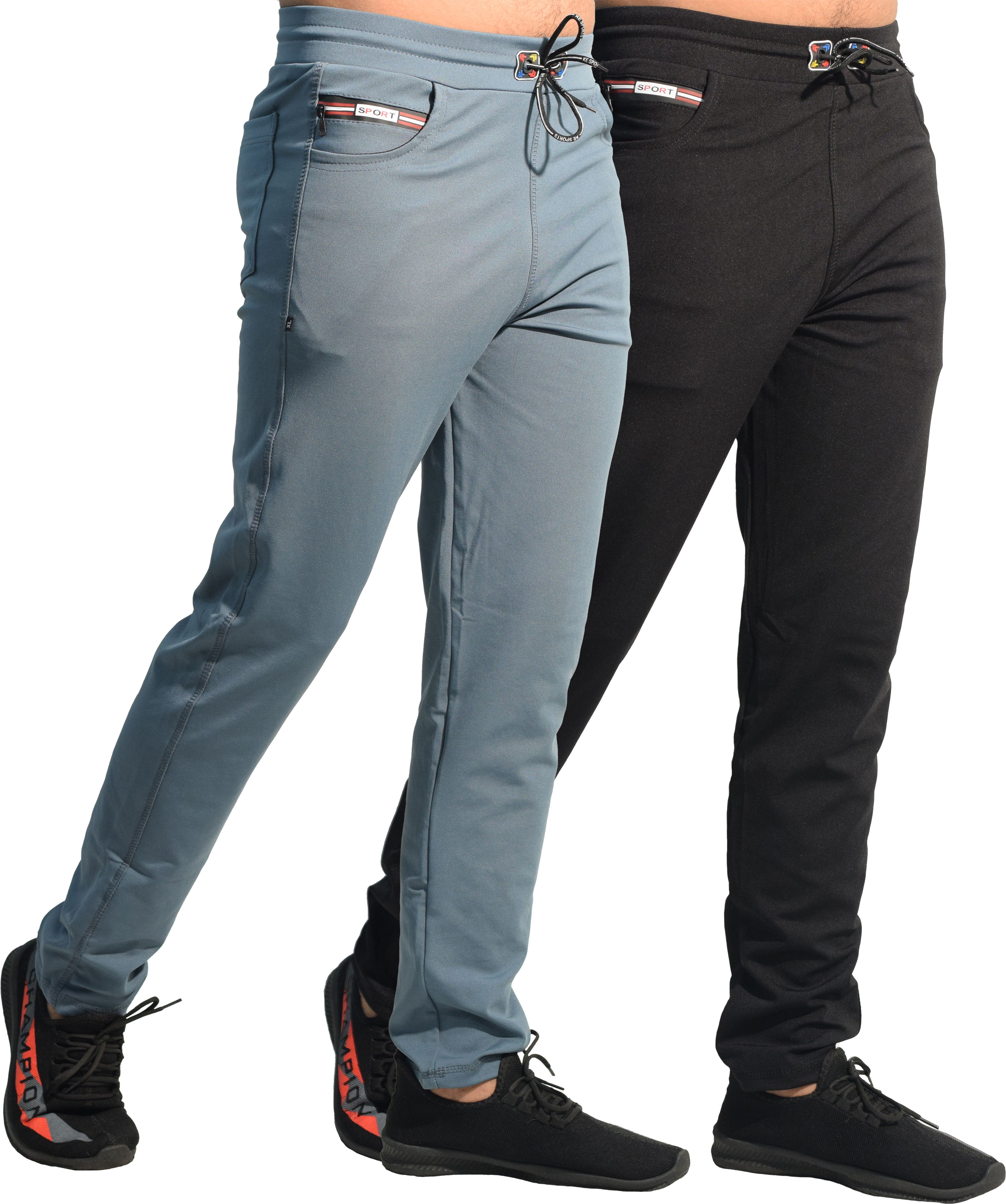 Pack of 2 Men Solid Black, Light Blue Track Pants