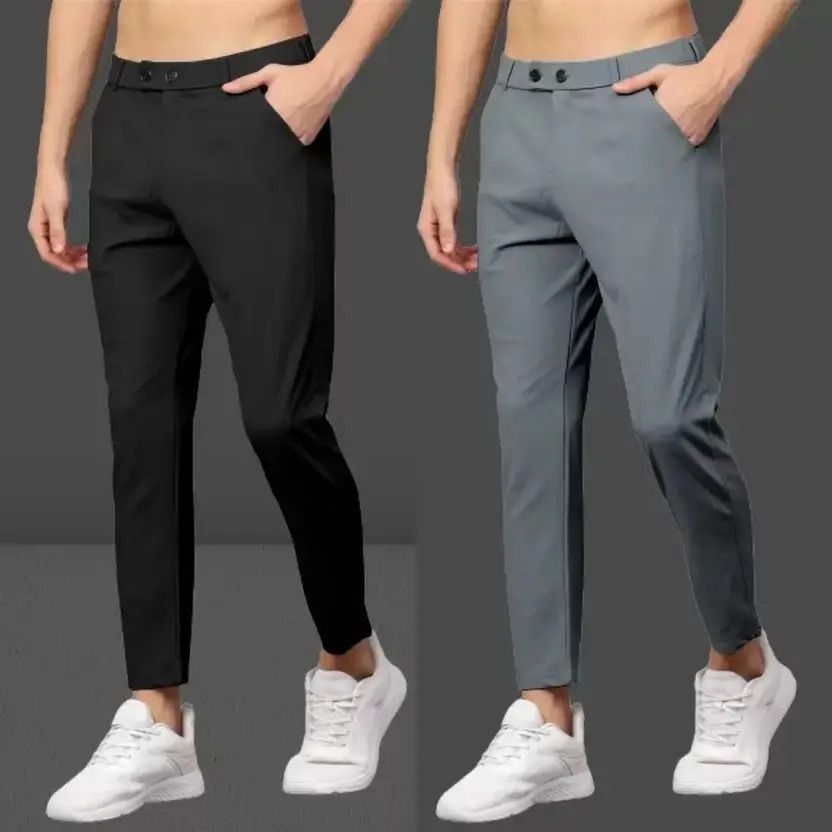Pack of 2 Men Solid Black, Grey Track Pants