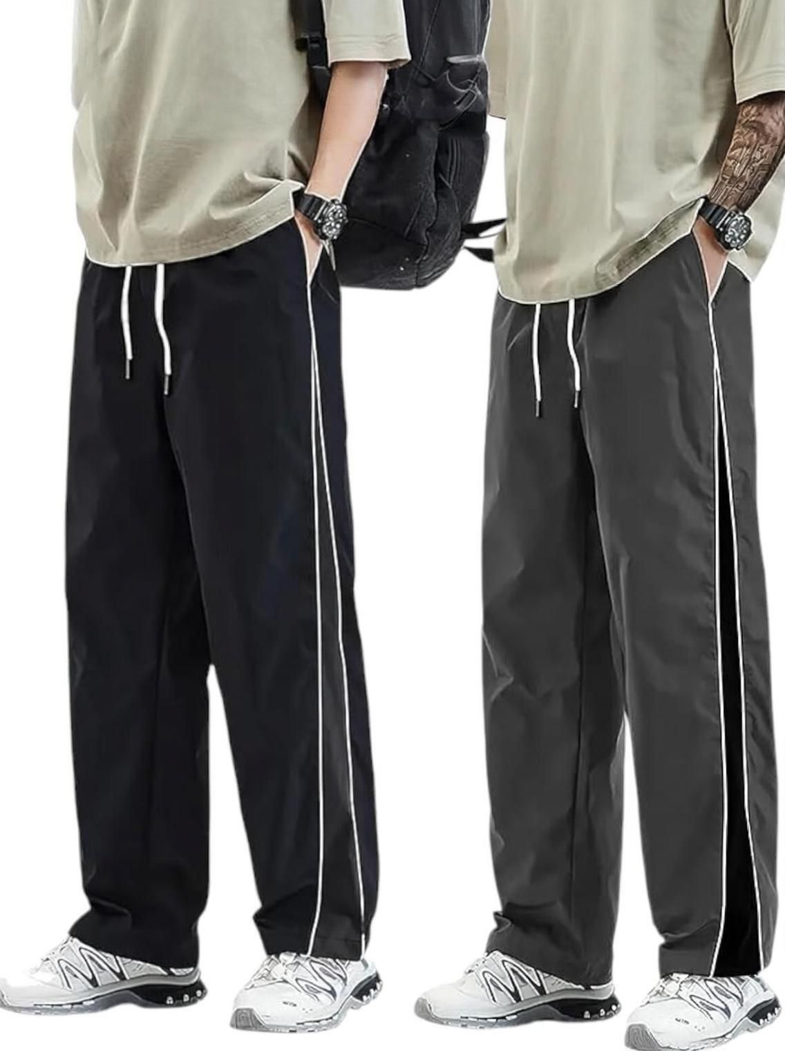 fabitto Pack of 2 Men Striped Black, Grey Track Pants-picture-13