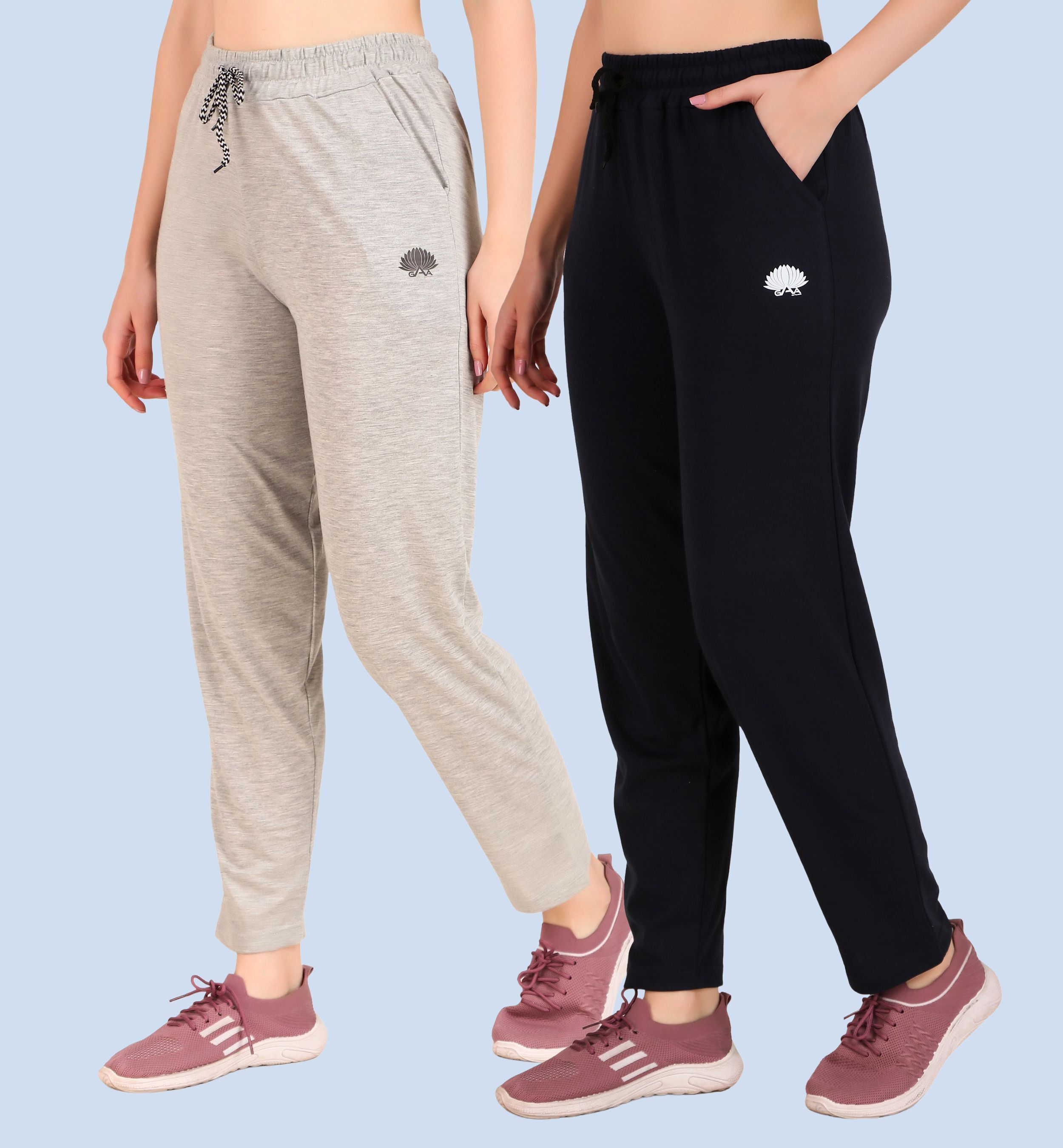 gaa Pack of 2 Women Solid Dark Blue, Beige Track Pants-picture-5