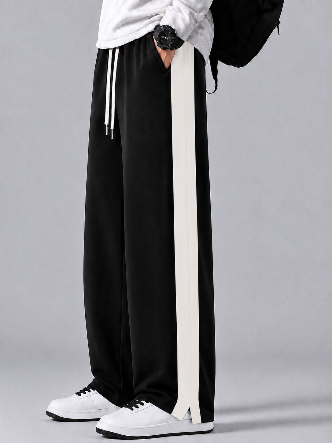 mozero Men Striped Black, White Track Pants-picture-19