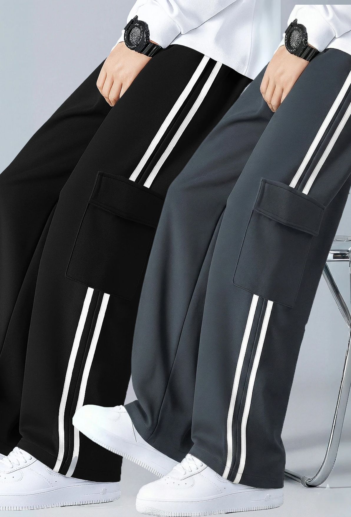 combraided Pack of 2 Men Striped Black, Grey Track Pants-picture-25
