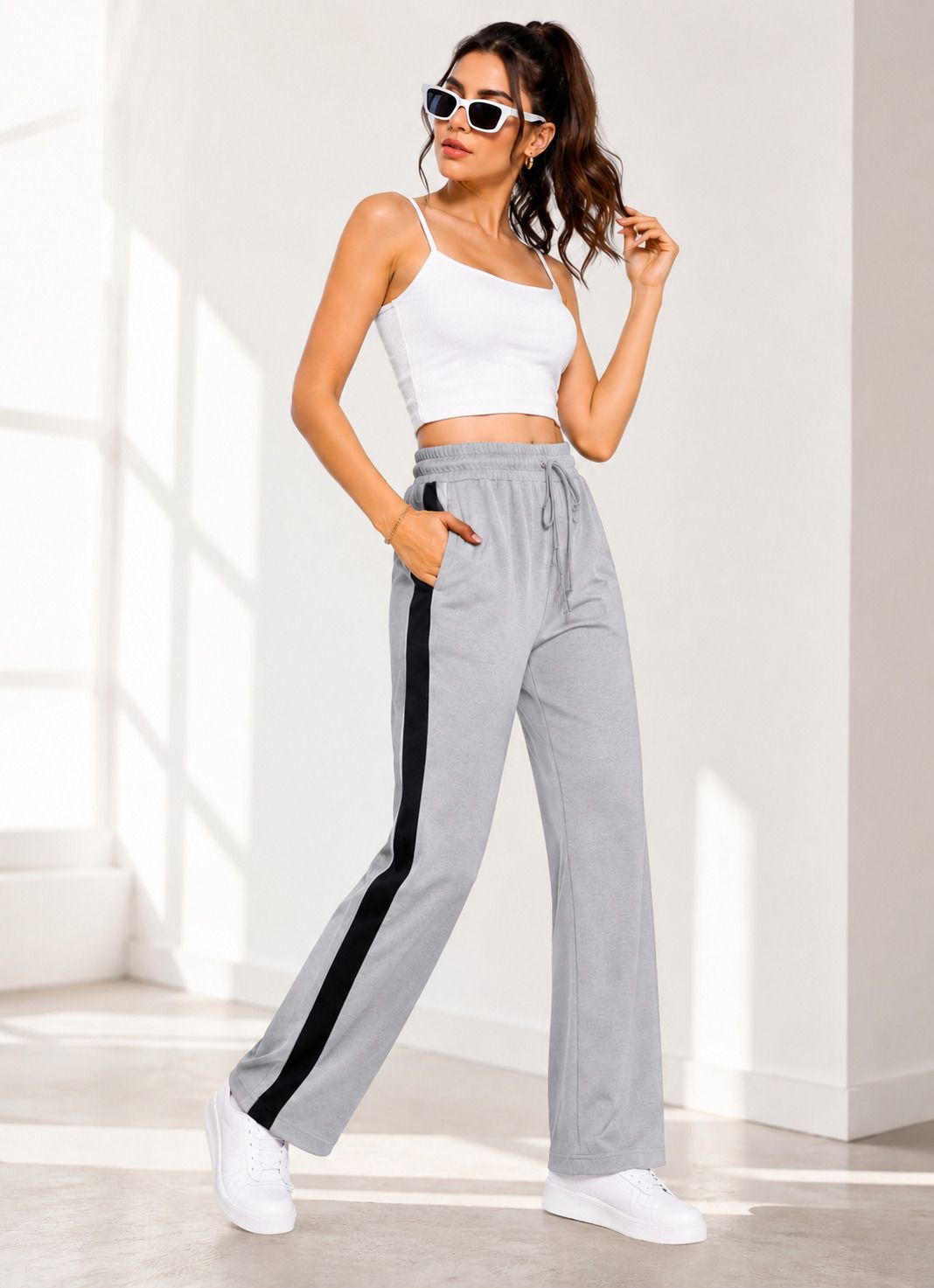 Women Striped Grey Track Pants-image-49