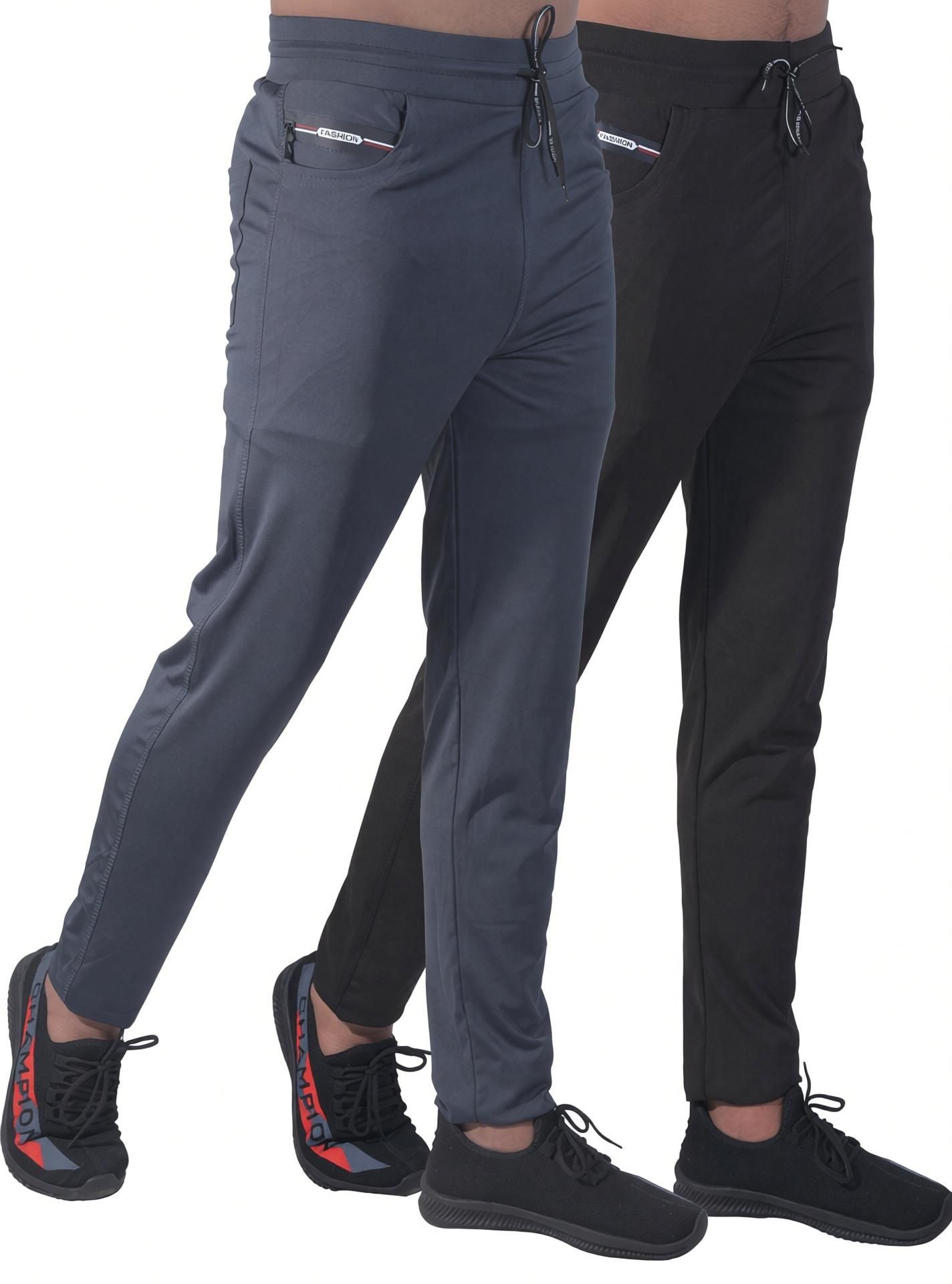 Pack of 2 Men Solid Black, Grey Track Pants