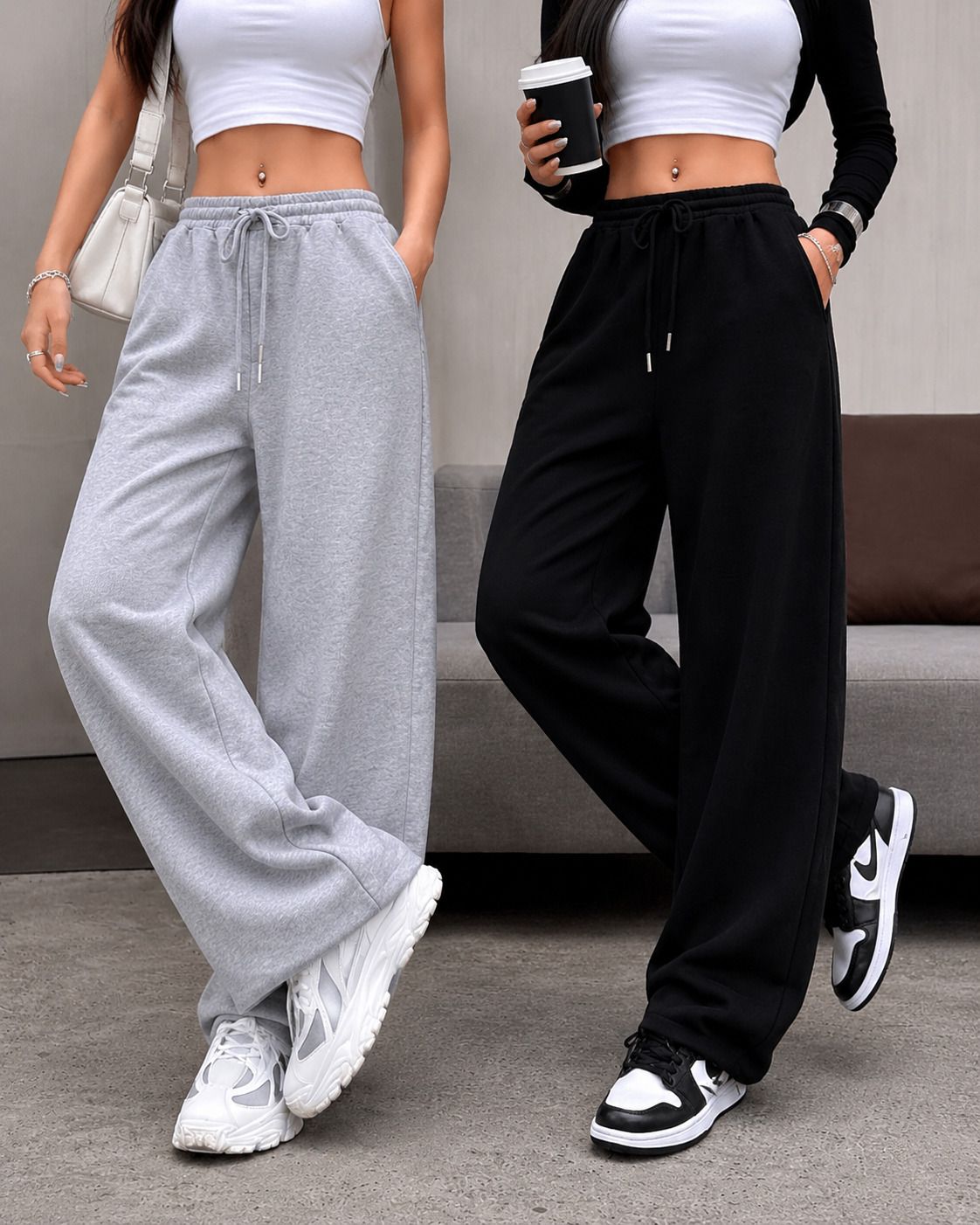ucfashion Pack of 2 Women Solid Grey, Black Track Pants-picture-14