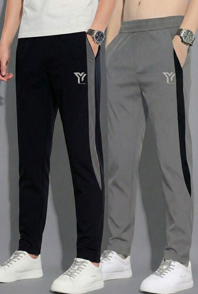 yunek Pack of 2 Men Printed, Striped Black, Grey Track Pants-picture-42