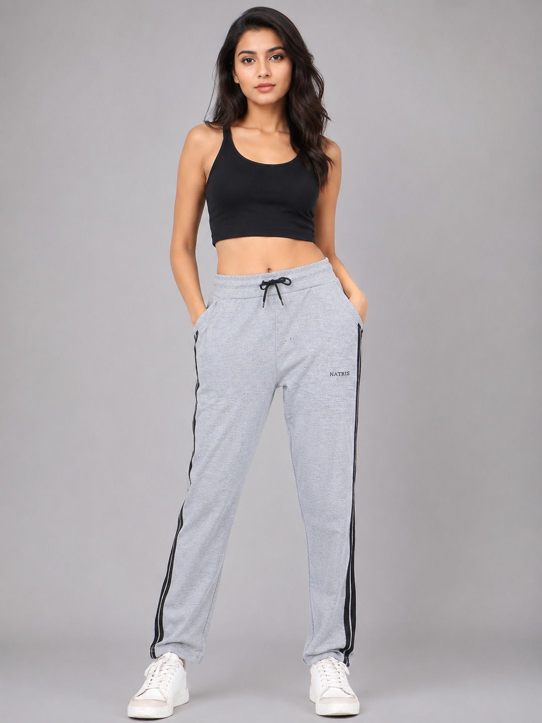 Women Striped Grey Track Pants-image-1