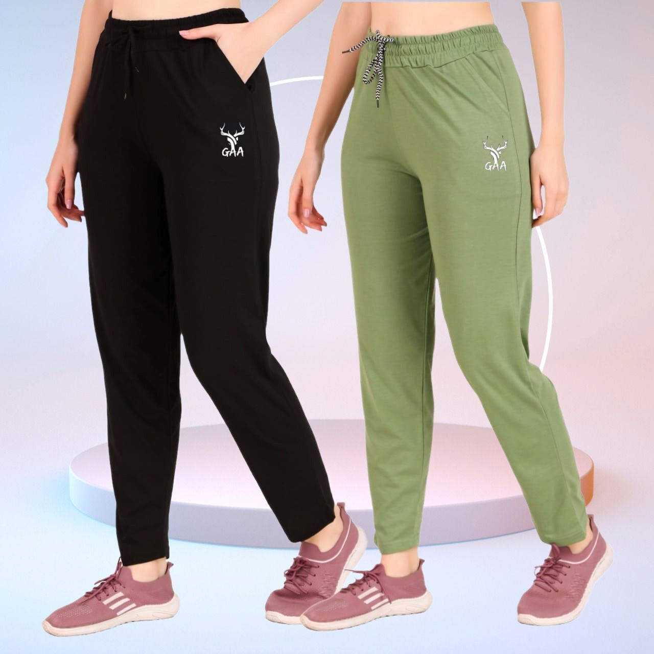 gaa Pack of 2 Women Solid Black, Green Track Pants-picture-18
