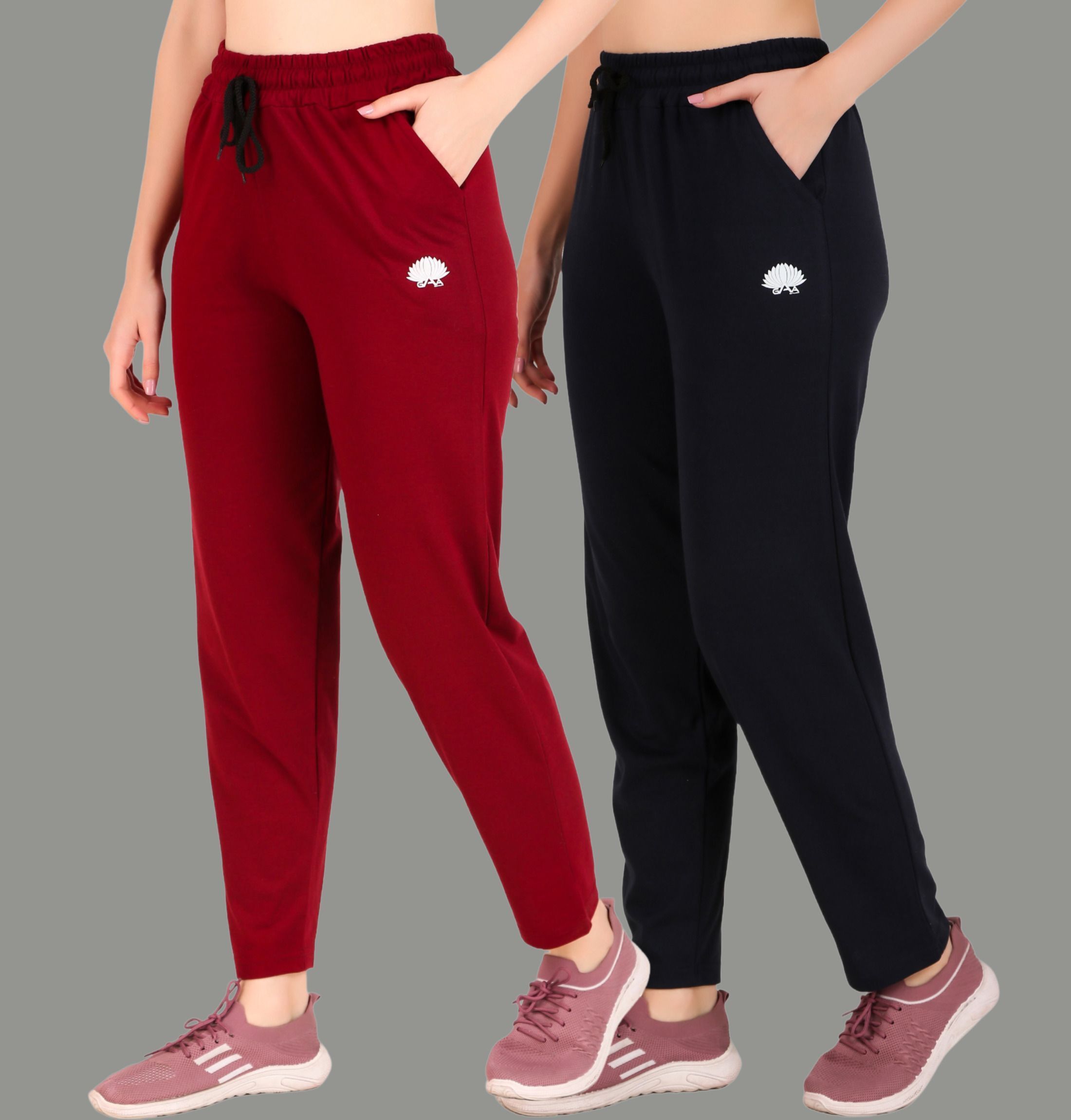 gaa Pack of 2 Women Solid Maroon, Dark Blue Track Pants-picture-3