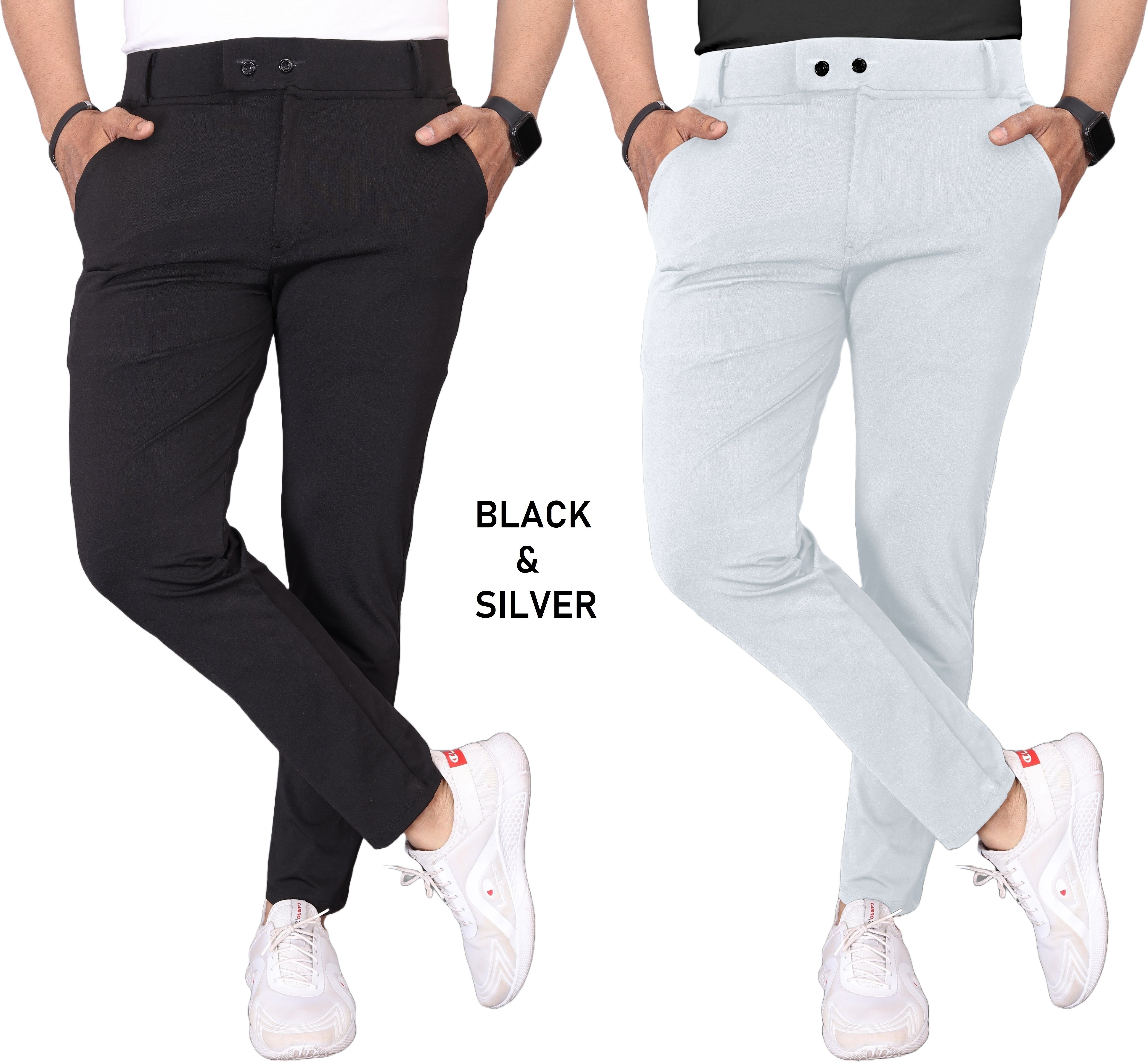 Pack of 2 Men Solid Black, Silver Track Pants
