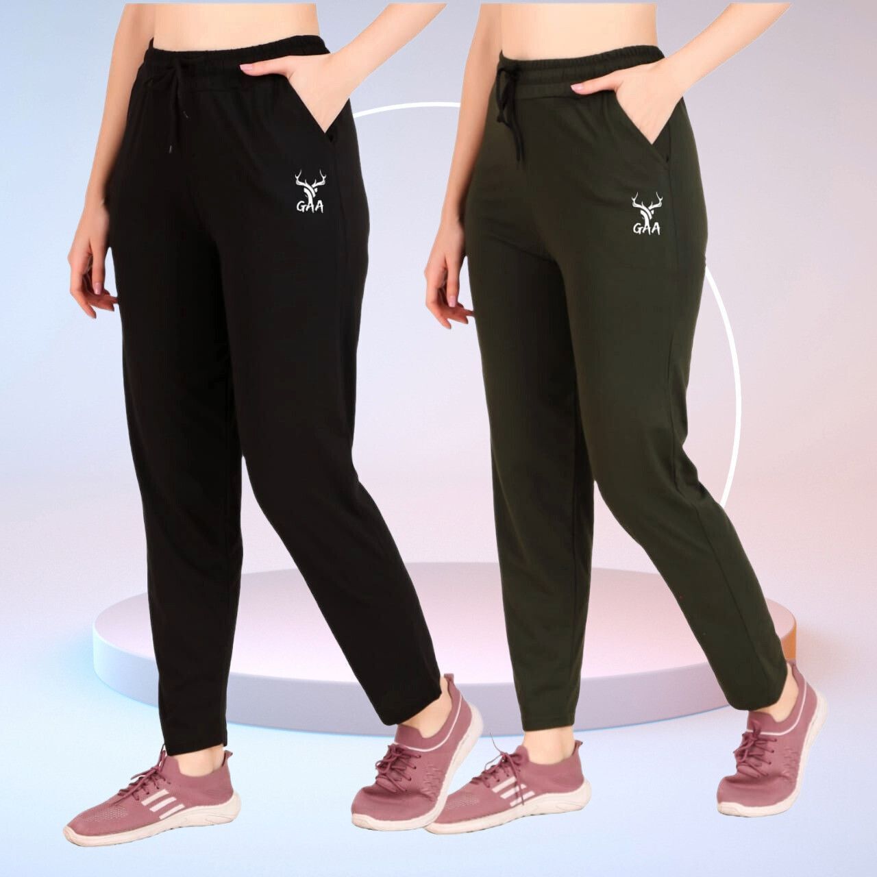 gaa Pack of 2 Women Solid Black, Dark Green Track Pants-picture-31