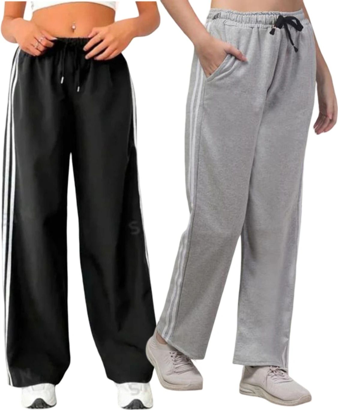 Pack of 2 Women Striped Black, Grey Track Pants