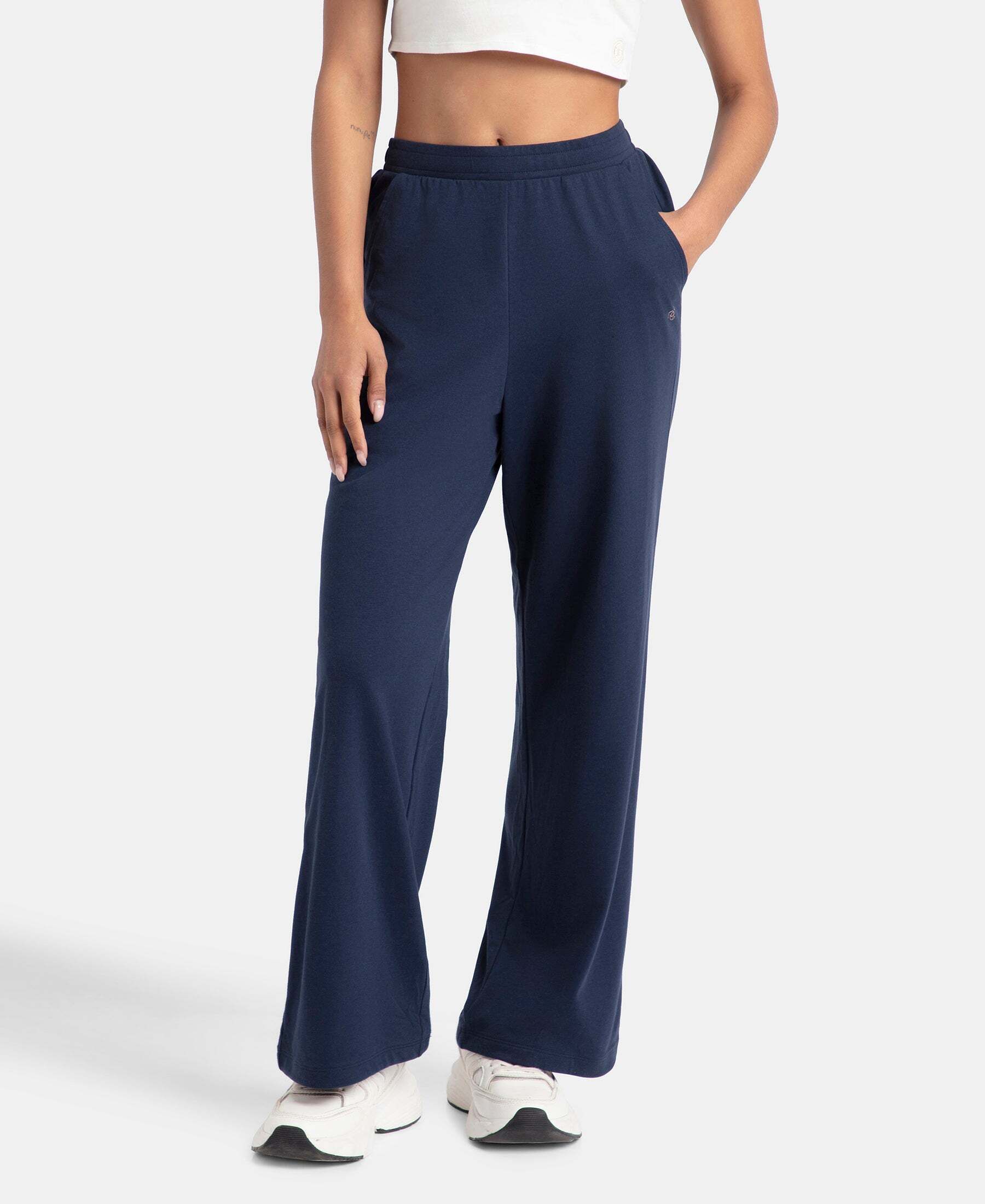 A158 Super Combed Cotton Rich Women Solid Dark Blue Track Pants-image-5