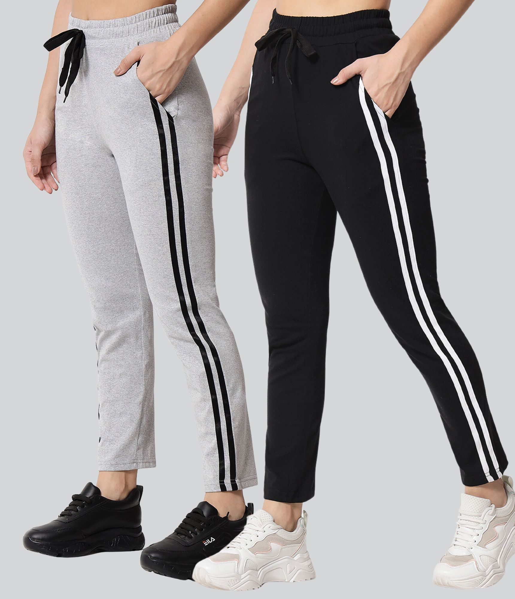 Pack of 2 Women Solid, Striped Black, Grey Track Pants-image-28