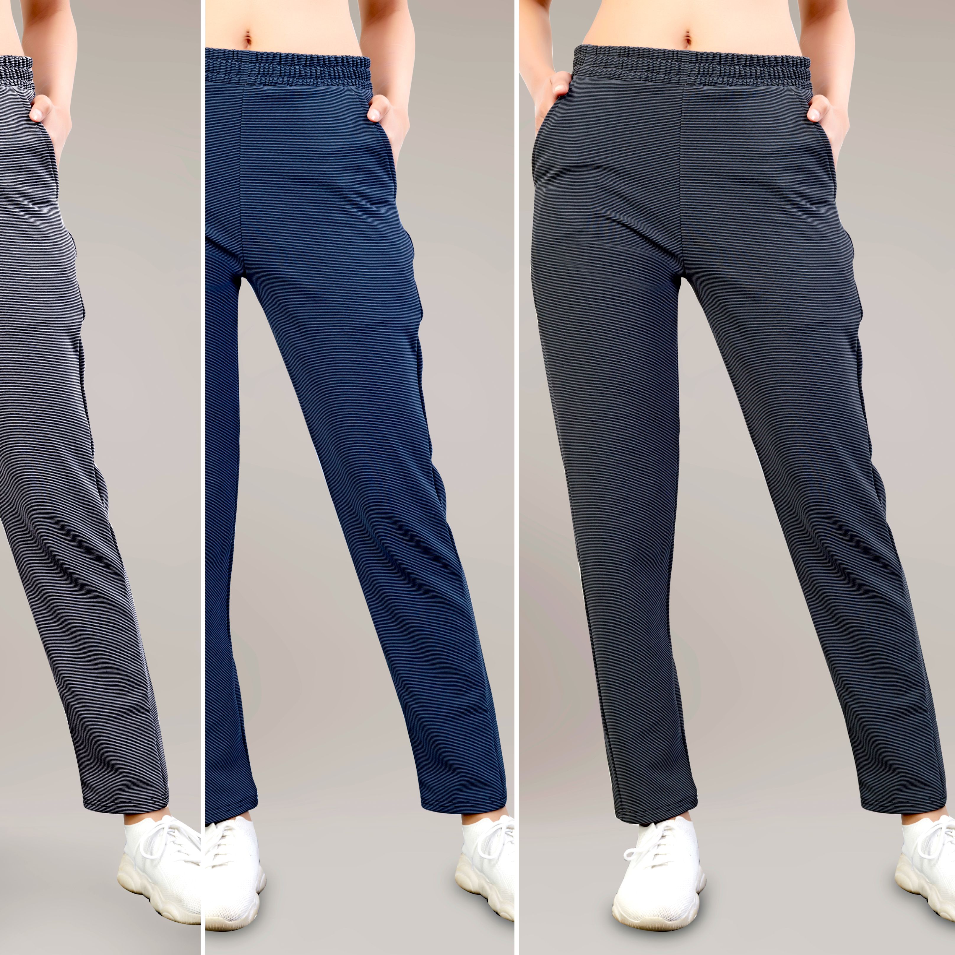 leewan Pack of 3 Women Solid Grey, Dark Blue Track Pants-picture-4
