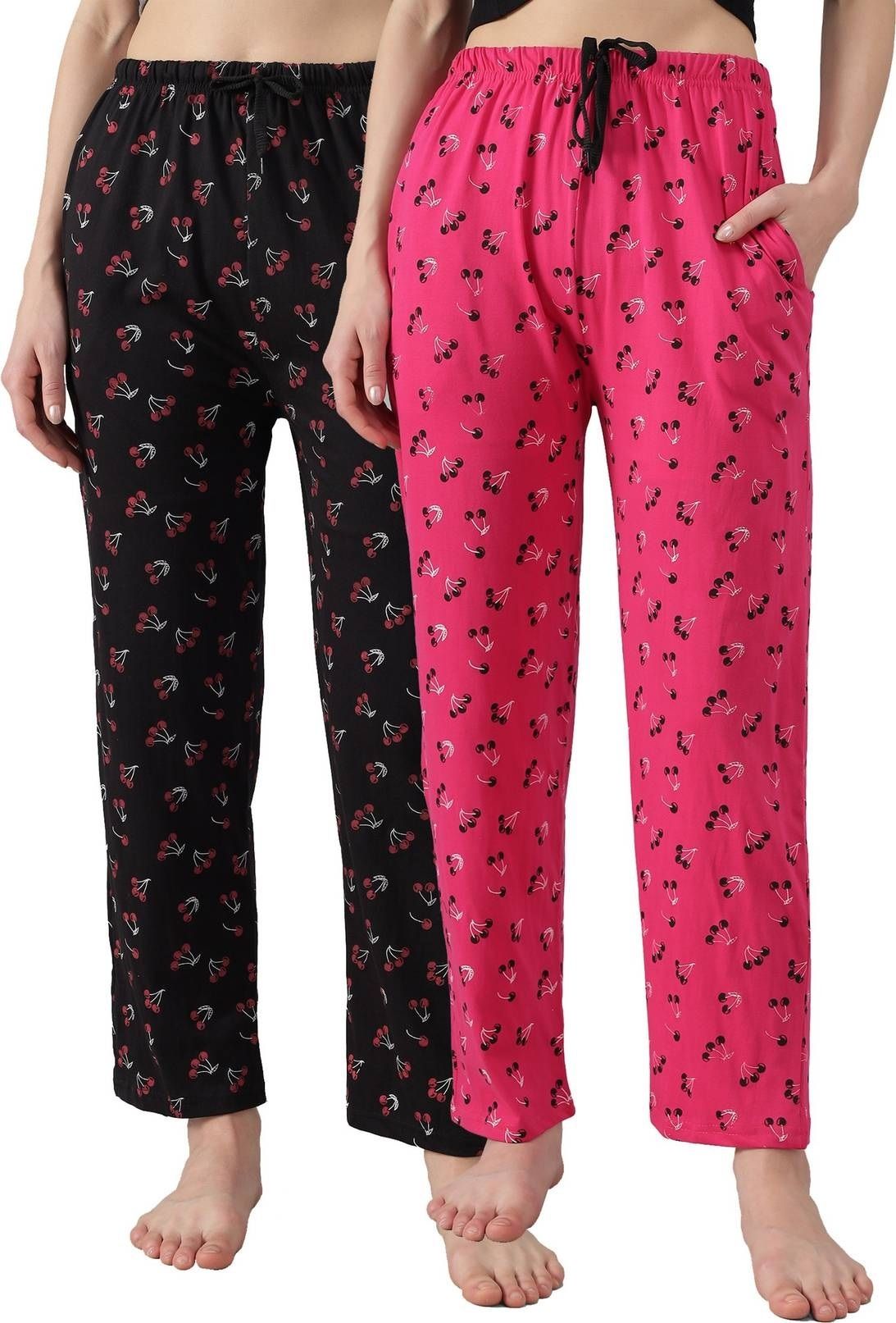 Pack of 2 Women Printed Black, Pink Track Pants