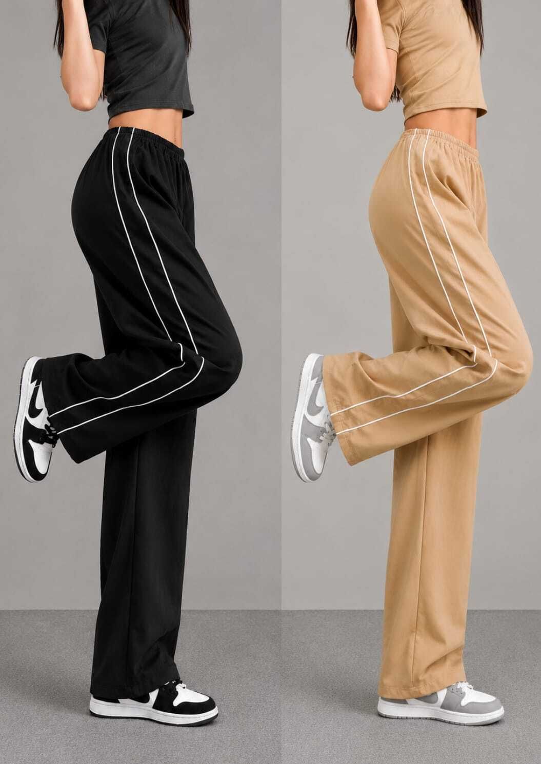 flipon Pack of 2 Women Striped Beige, Black Track Pants-picture-16