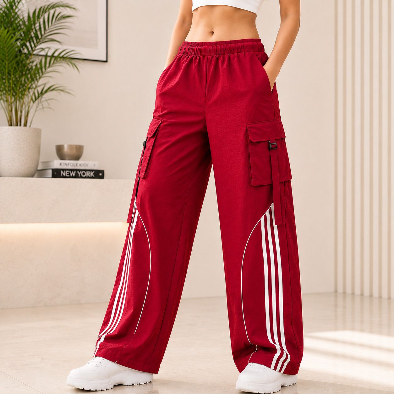 Women Striped Red Track Pants-image-25