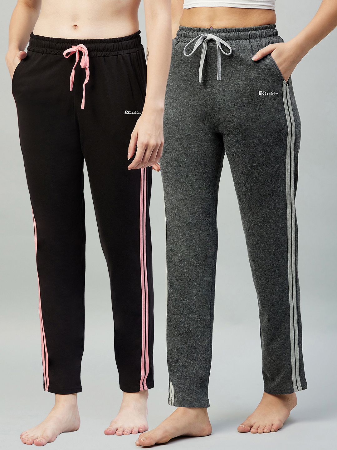 blinkin Pack of 2 Women Striped Black, Grey Track Pants-picture-10