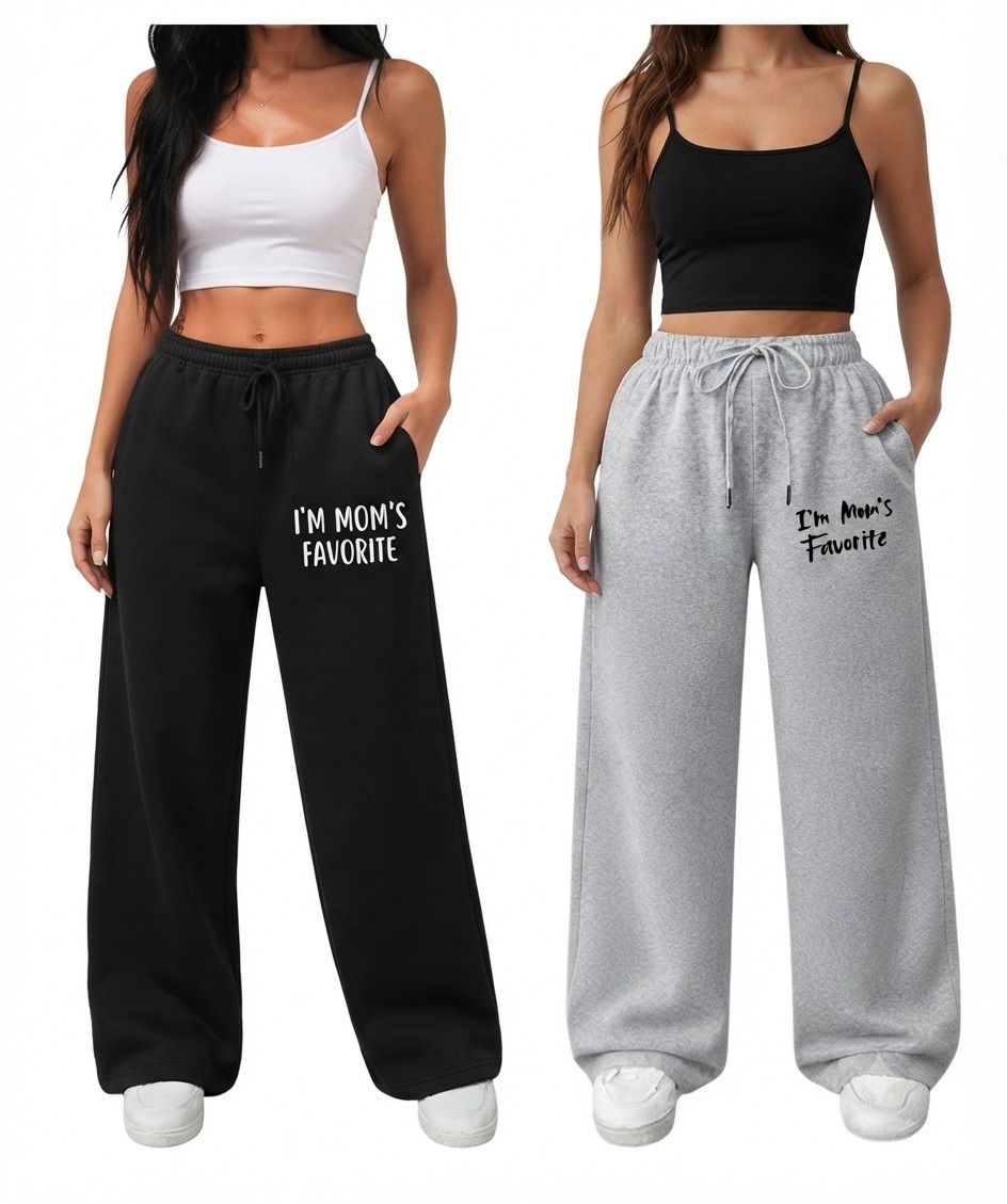 dsdfashion Pack of 2 Women Solid, Graphic Print Black, Grey Track Pants-picture-16