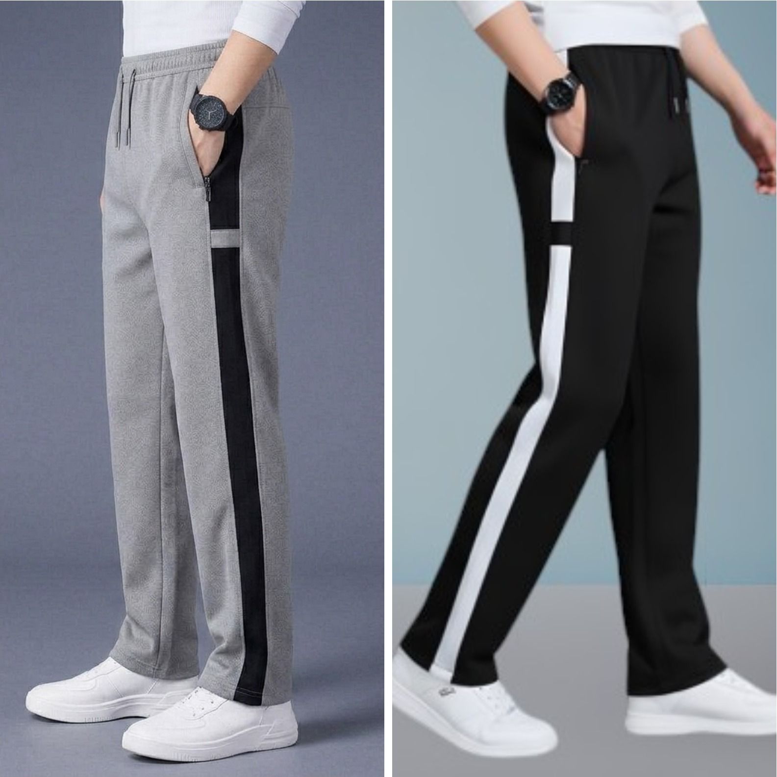 Pack of 2 Men Striped, Colorblock Grey, Black Track Pants-image-29