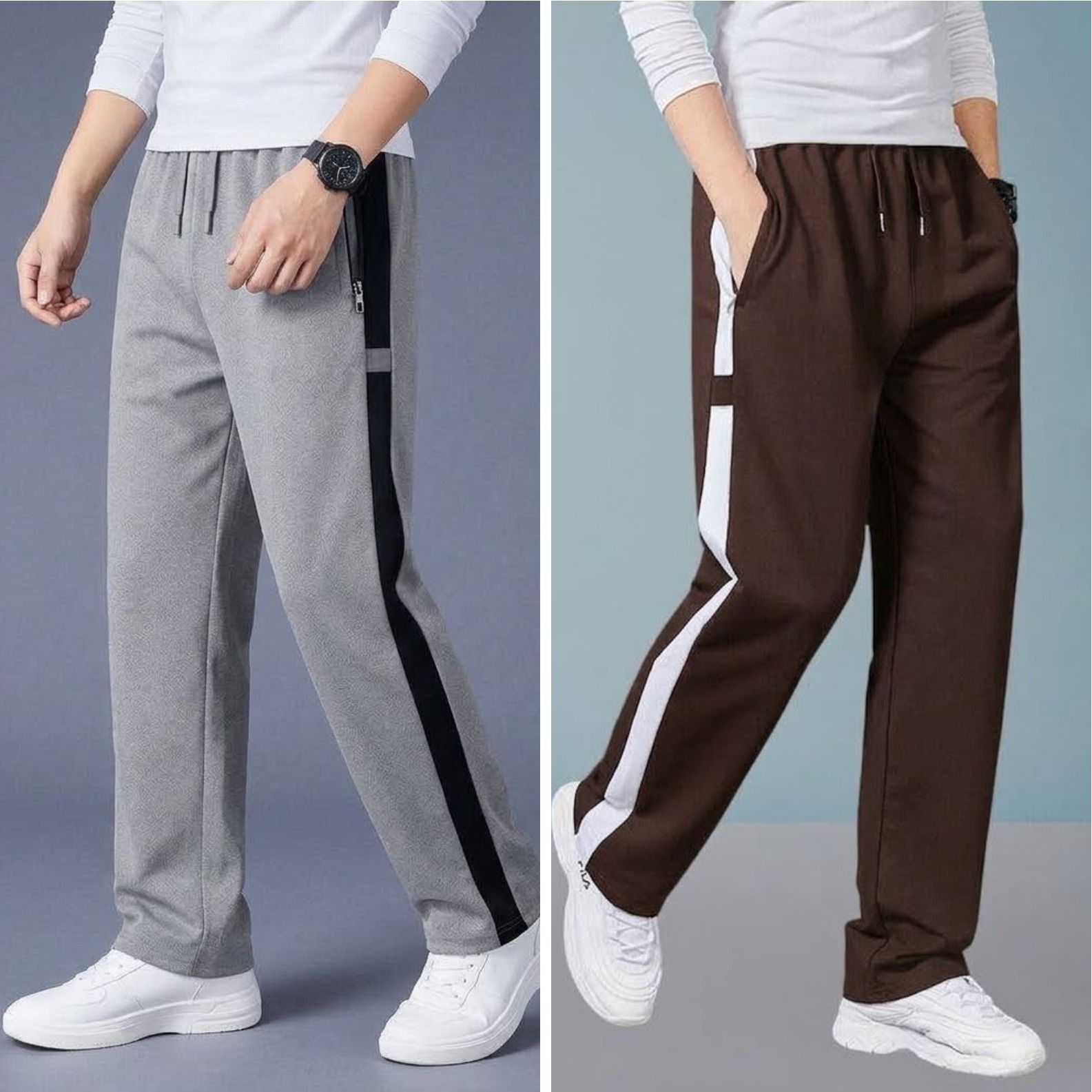 fly wind Men Solid, Striped Grey, Brown Track Pants-picture-0