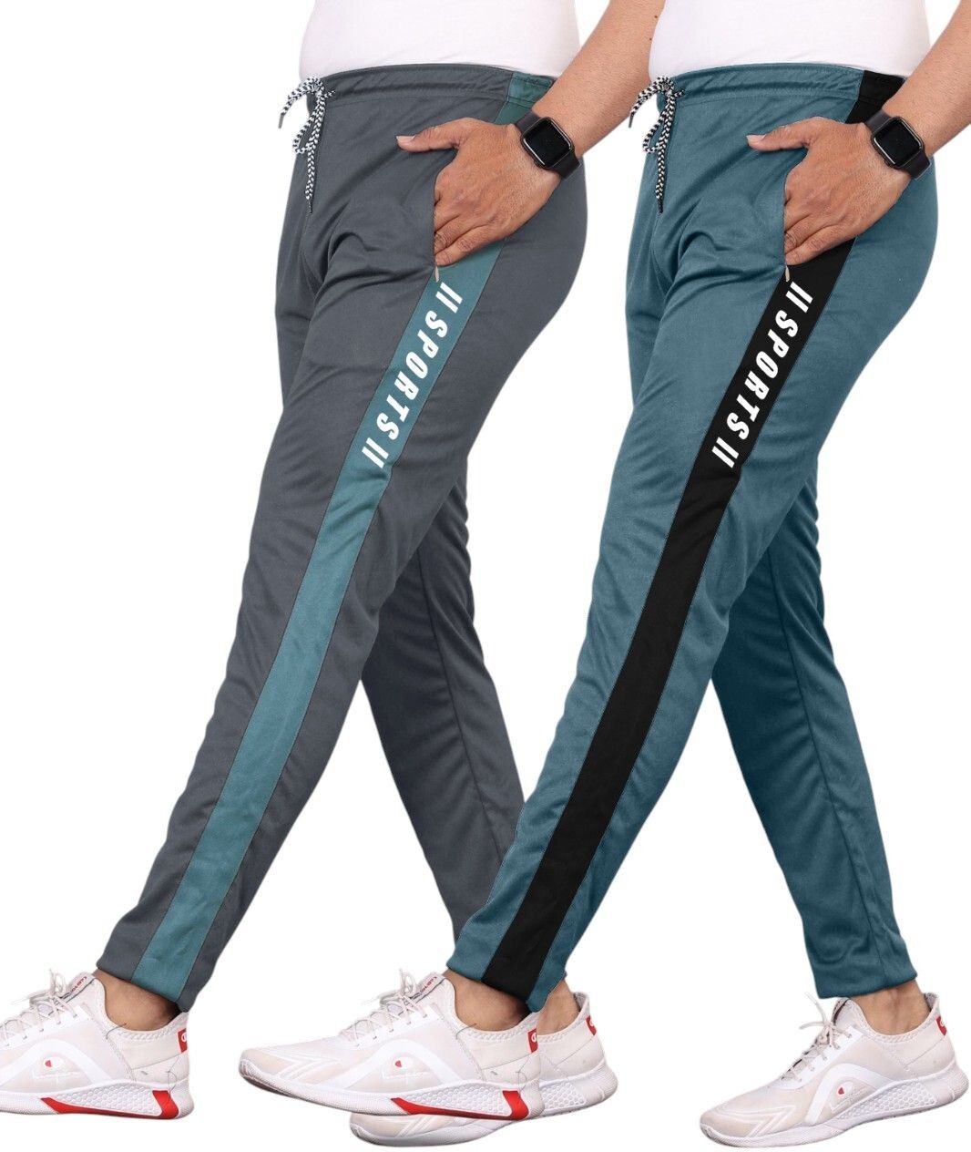 gajvu Pack of 2 Men Striped Blue, Grey, Black, White Track Pants-picture-32