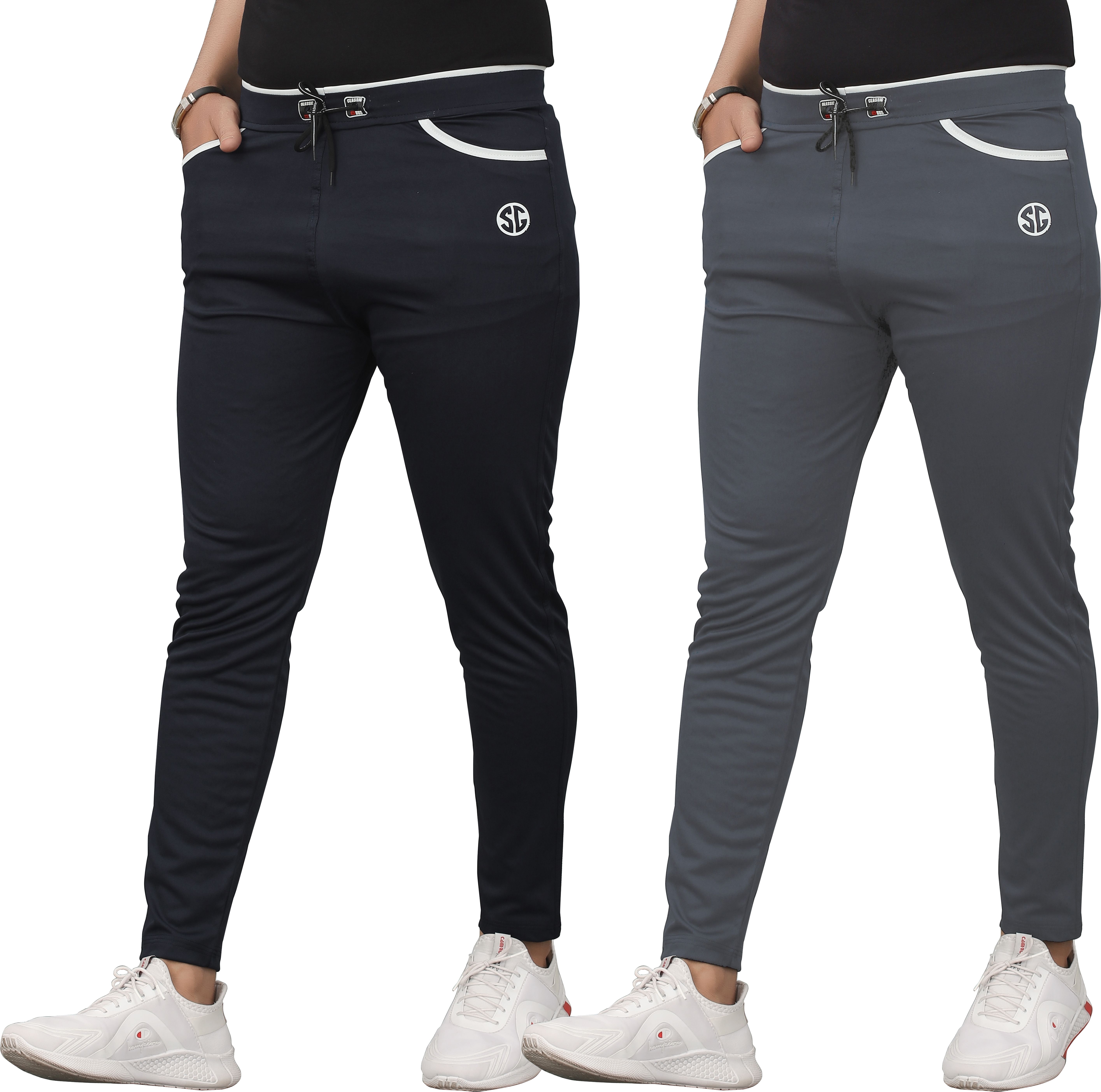 Pack of 2 Men Solid Black, Grey Track Pants