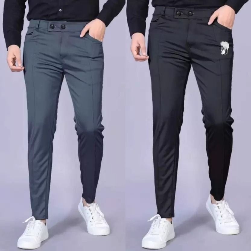 Pack of 2 Men Solid Black, Grey Track Pants
