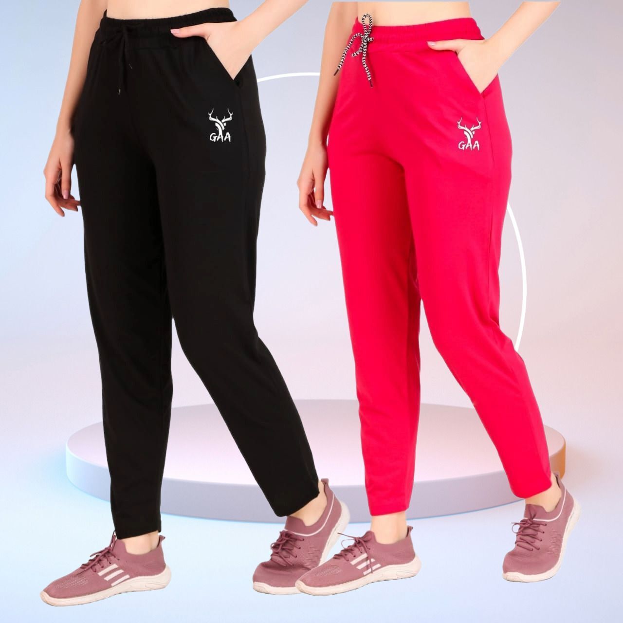 gaa Pack of 2 Women Solid Black, Pink Track Pants-picture-21