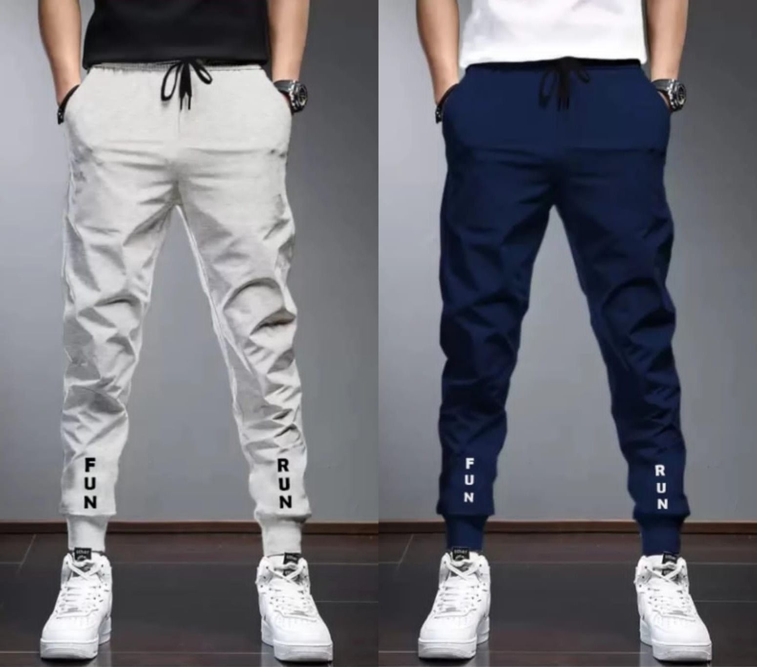 Pack of 2 Men Solid Grey, Dark Blue Track Pants-image-12