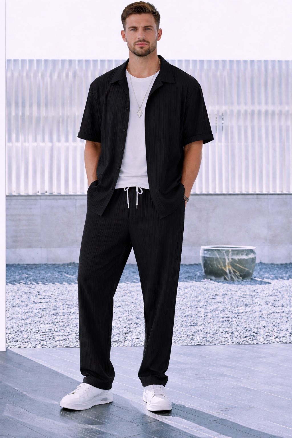 Men Night Suit Set Black Striped