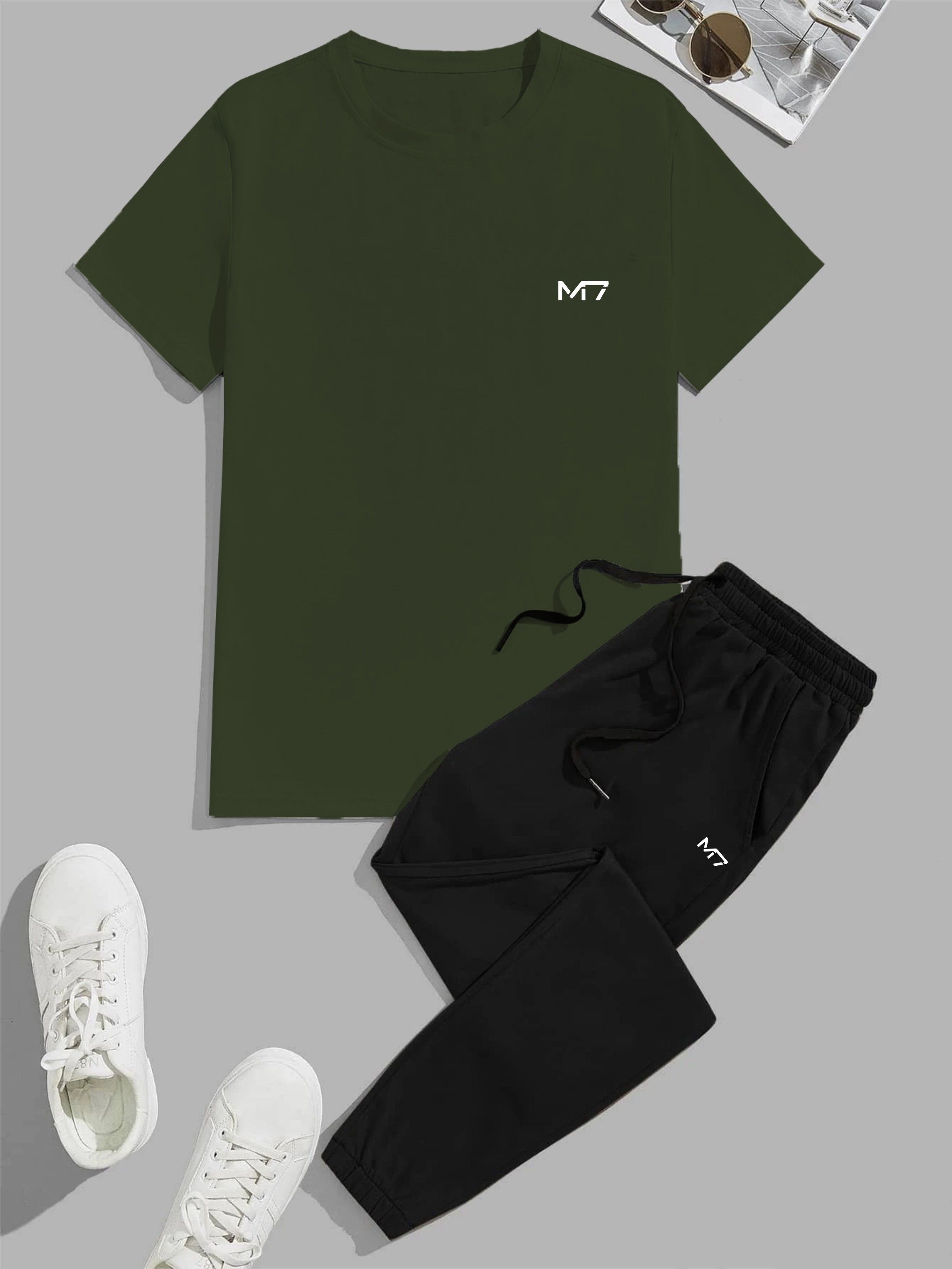 m7 by metronaut Men Night Suit Set Dark Green, Black Solid-picture-12