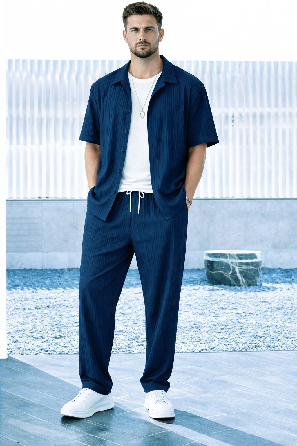 Men Night Suit Set Blue Striped