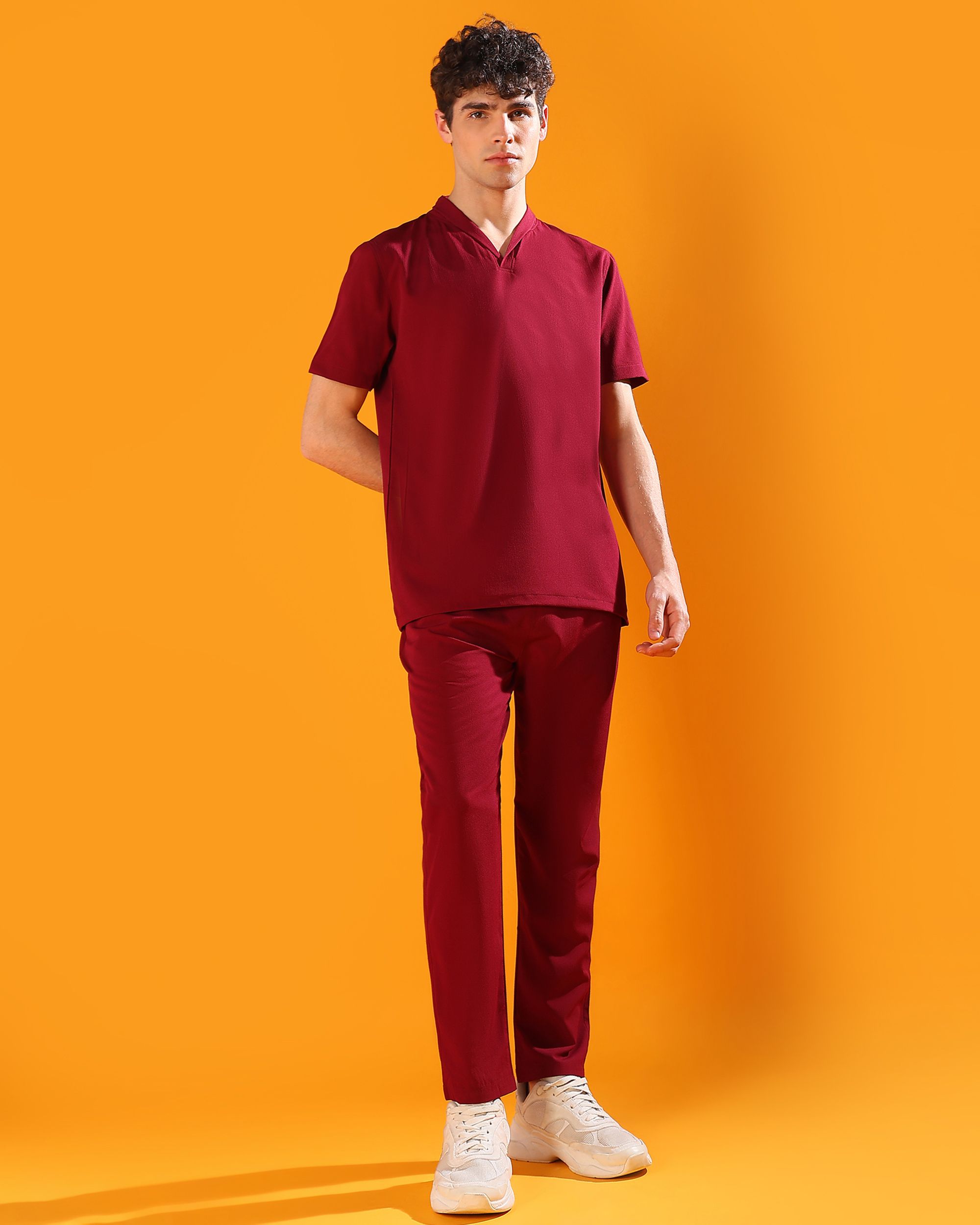 Men Top & Pyjama Set Maroon Self Design-image-36