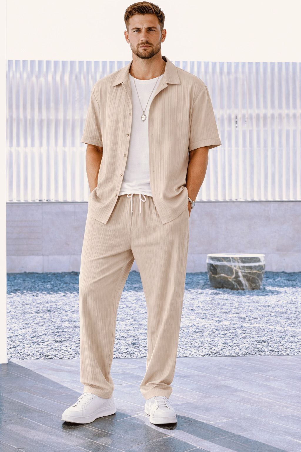 Men Night Suit Set Beige Striped