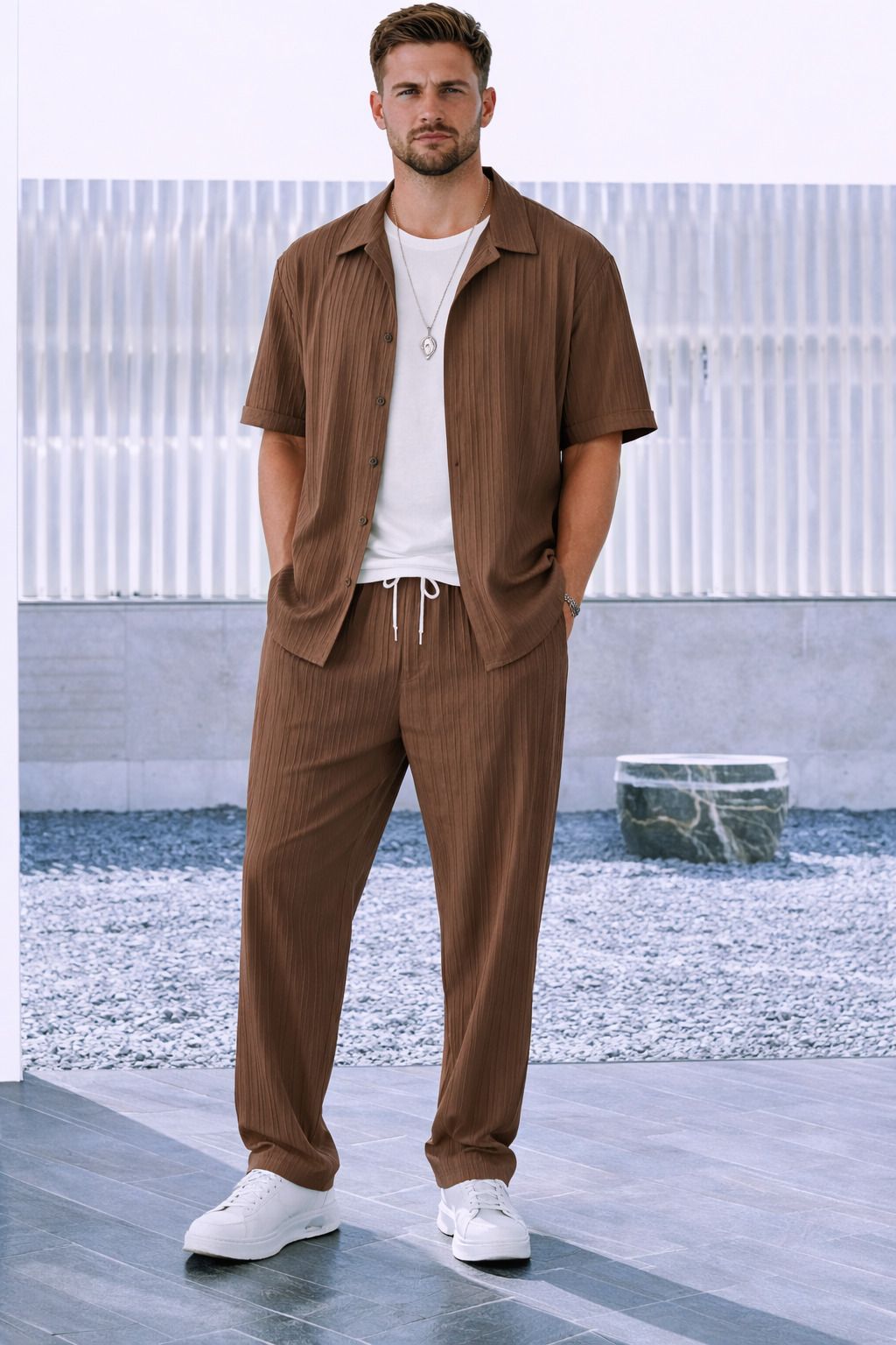 Men Night Suit Set Brown Striped