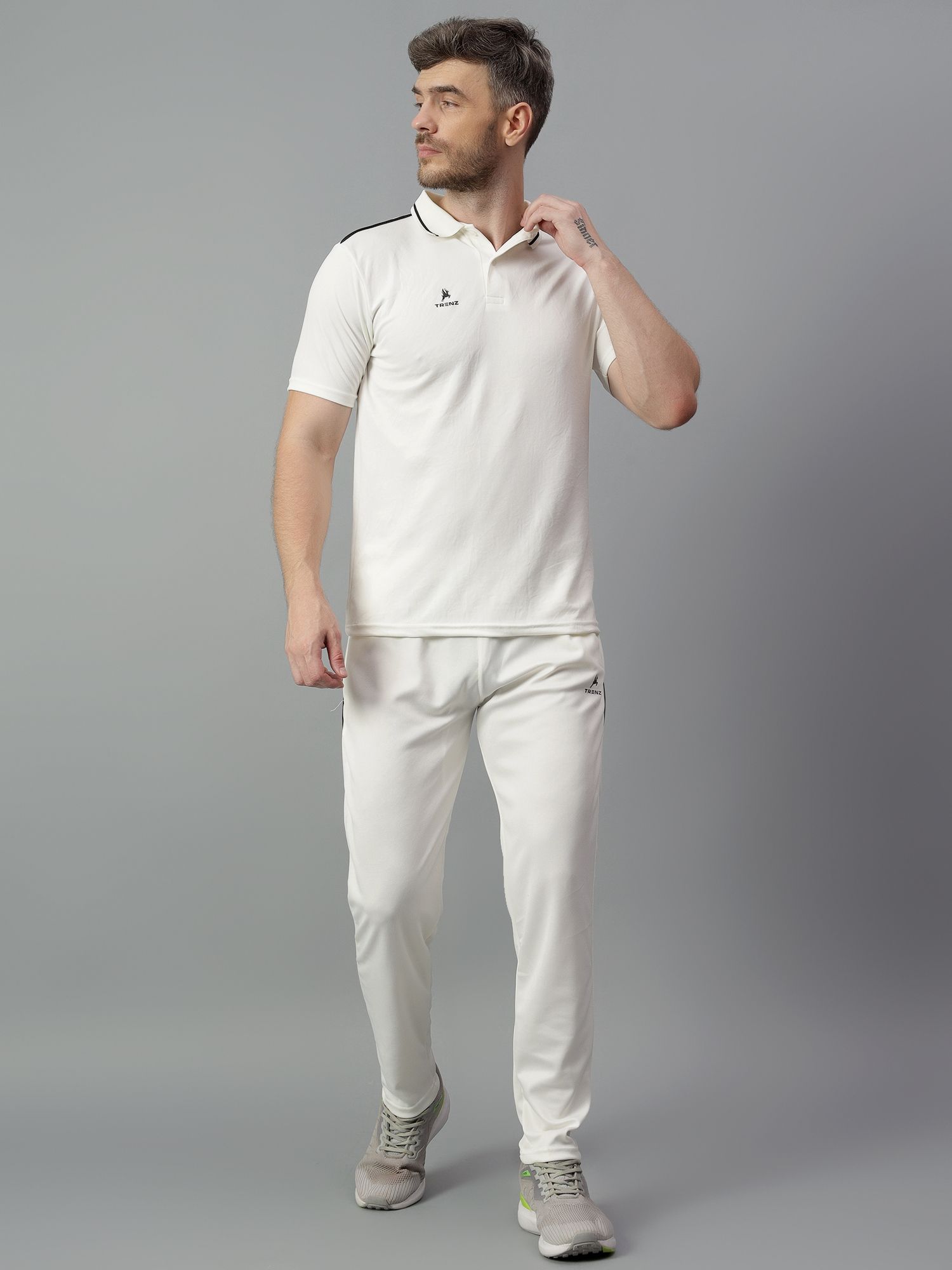 trenz Cricket Set Half Sleeves T-Shirt & Lower Off White Solid Men Track Suit-picture-18