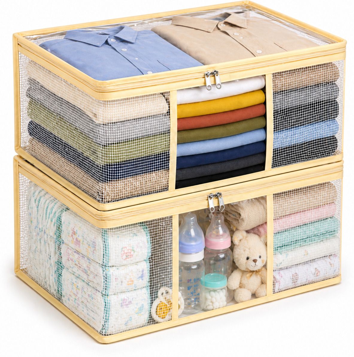 AmiPackaging Clothes Storage Organizer Box with Mesh, Double Zipper & Foldable Wardrobe Bag Linen Laundry Bag-image-0