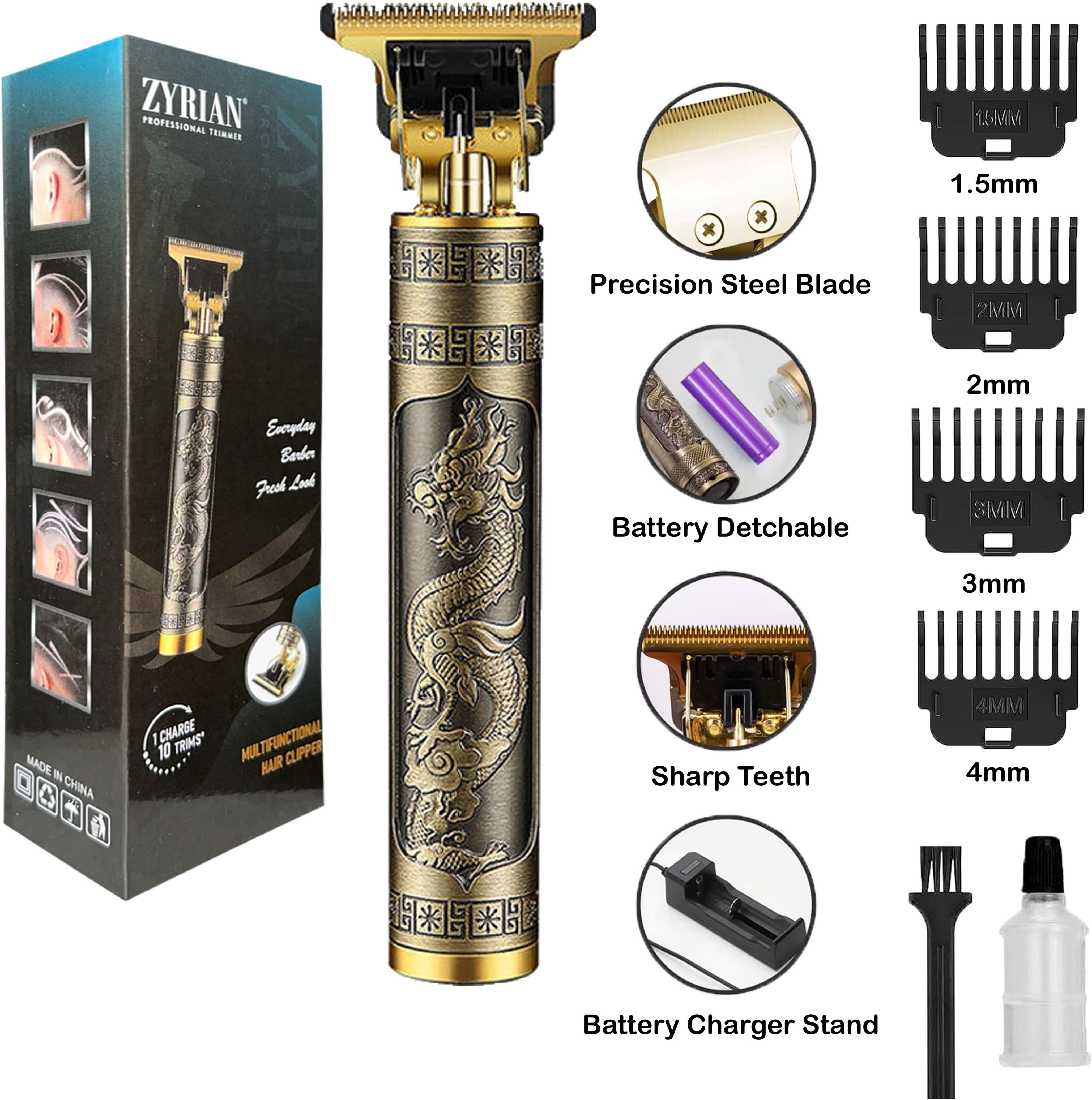 ZYRIAN Metal-Dragon Carving Electric Cordless Trimmer Cutting Machine Hair Clipper Men Fully Waterproof Grooming Kit 45 min Runtime 4 Length Settings-image-8
