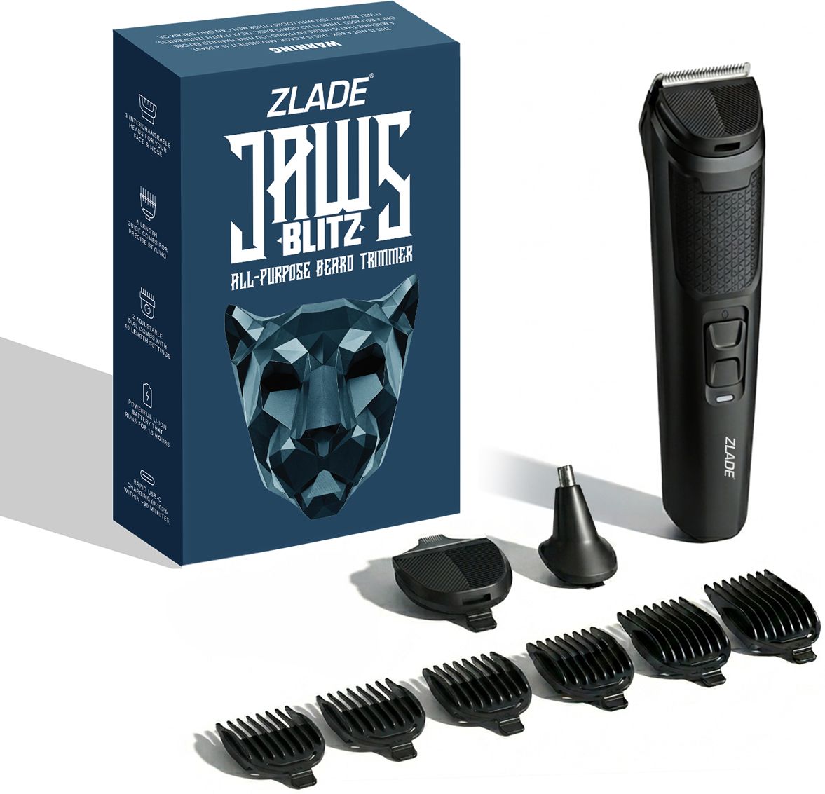 Zlade Jaws Blitz All in One Beard Trimmer | 3 Heads for Beard, Nose & Ear, Body Grooming Kit 90 min Runtime 7 Length Settings-image-2