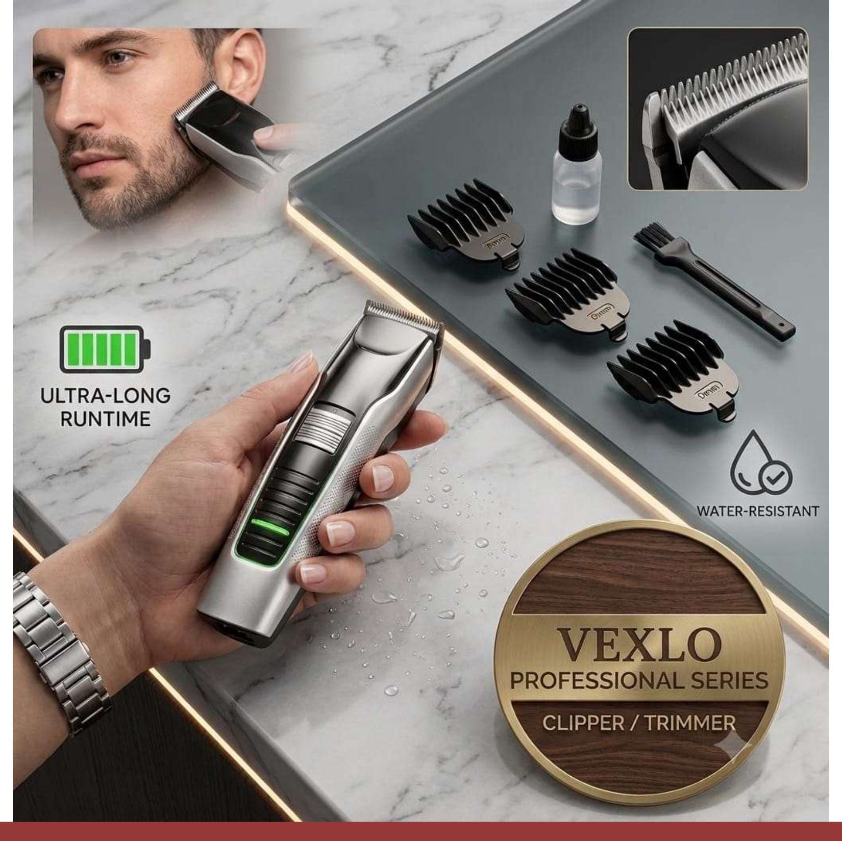 VEXLO Professional Cordless Hair Clipper & Beard Trimmer for Men | RechargeableT173 Grooming Kit 240 min Runtime 3 Length Settings-image-41