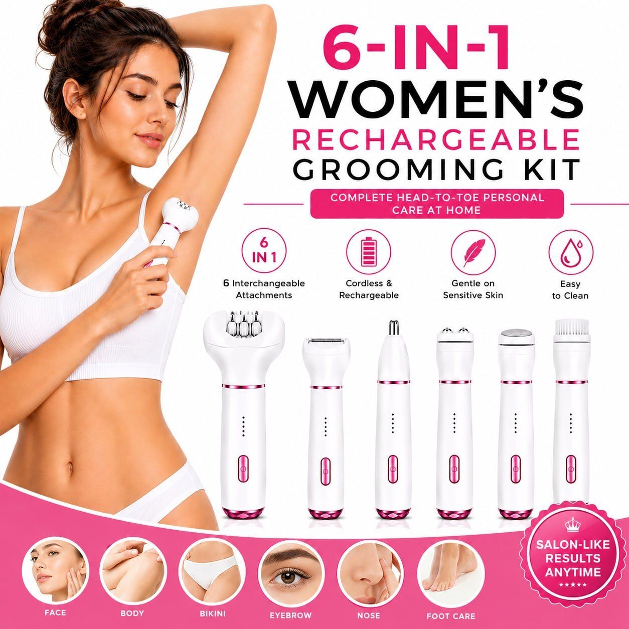 HVG TRADERS 6 in 1 Bikini Trimmer for Women with Corded and Cordless Operation Kit Fully Waterproof Trimmer 90 min Runtime 0 Length Settings-image-12