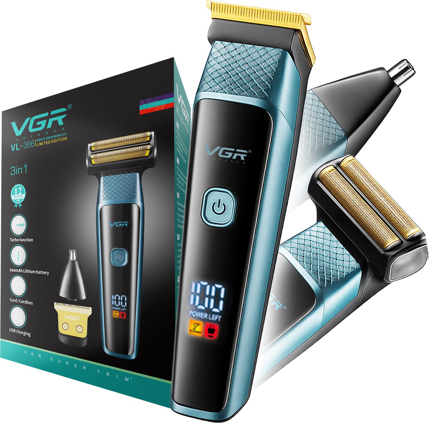 VGR VL-366 Multipurpose 3-in-1 Grooming Kit: Beard Trimmer, Shaver & Nose Trimmer Trimmer 90 min Runtime 6 Length Settings-image-35