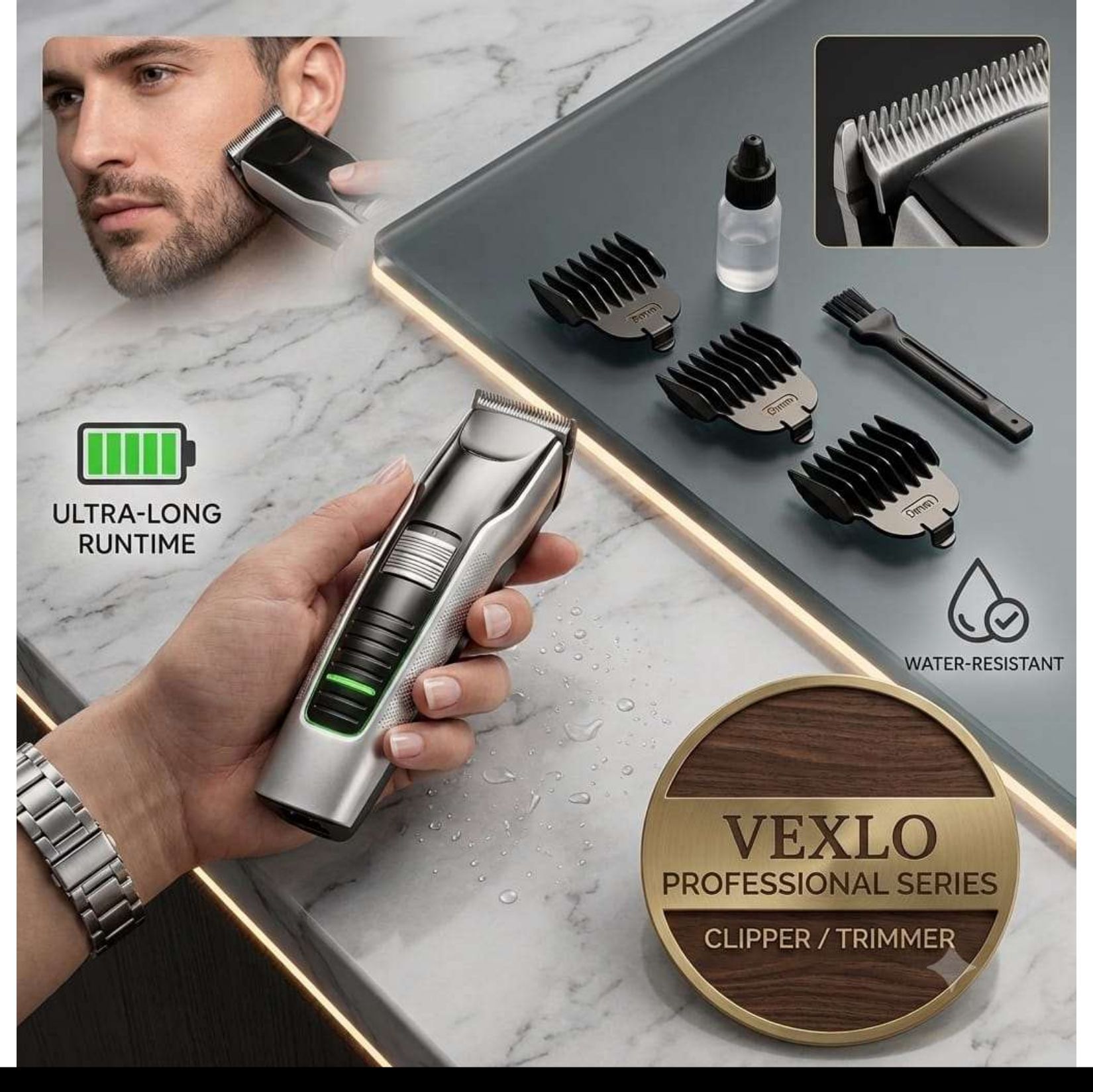 VEXLO Professional Cordless Hair Clipper & Beard Trimmer for Men | RechargeableT175 Grooming Kit 240 min Runtime 3 Length Settings-image-45
