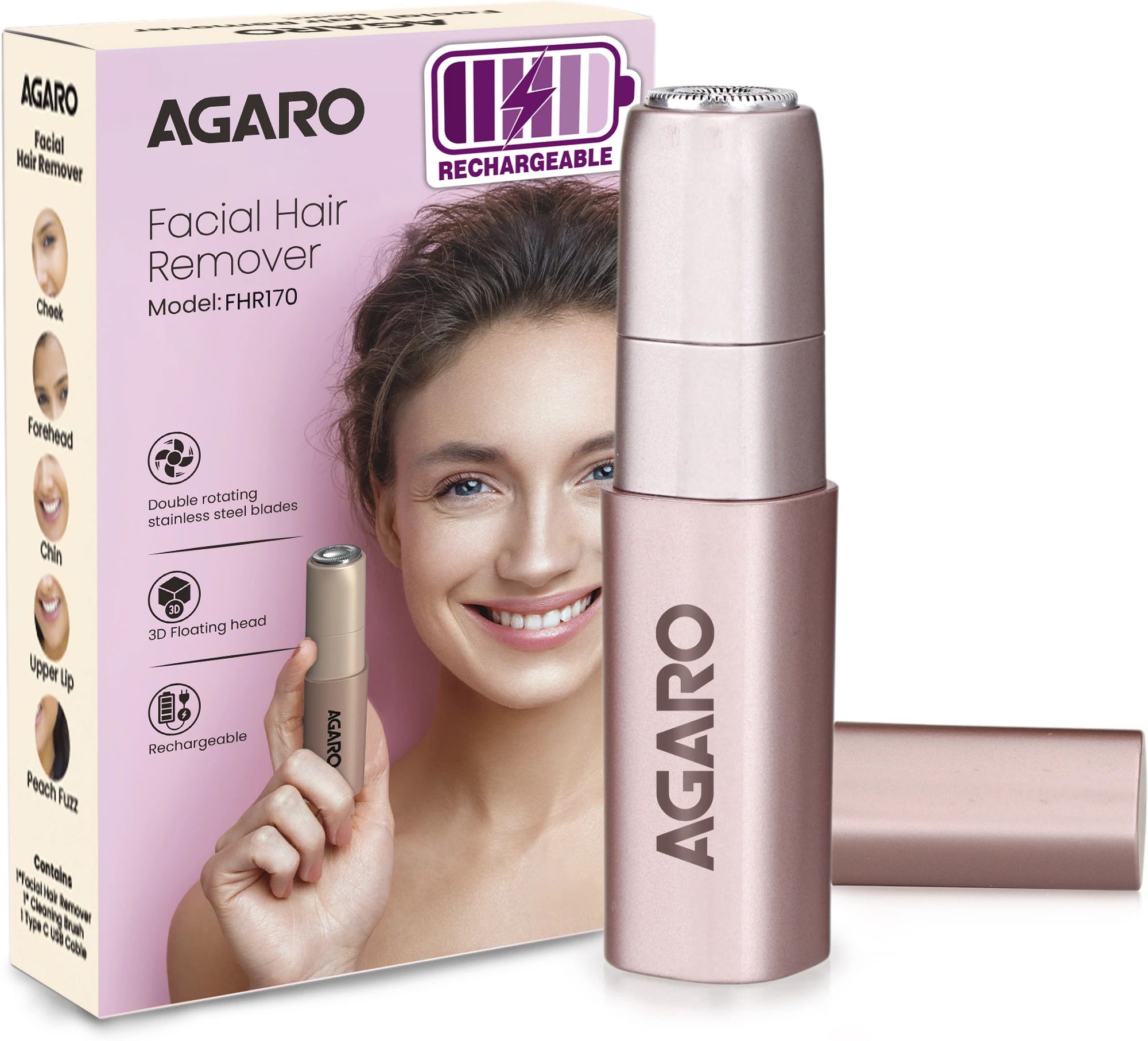 AGARO Facial Hair Remover FHR170 for Women,Painless Hair Remover, Trimmer 90 minRuntime 1 Length Settings